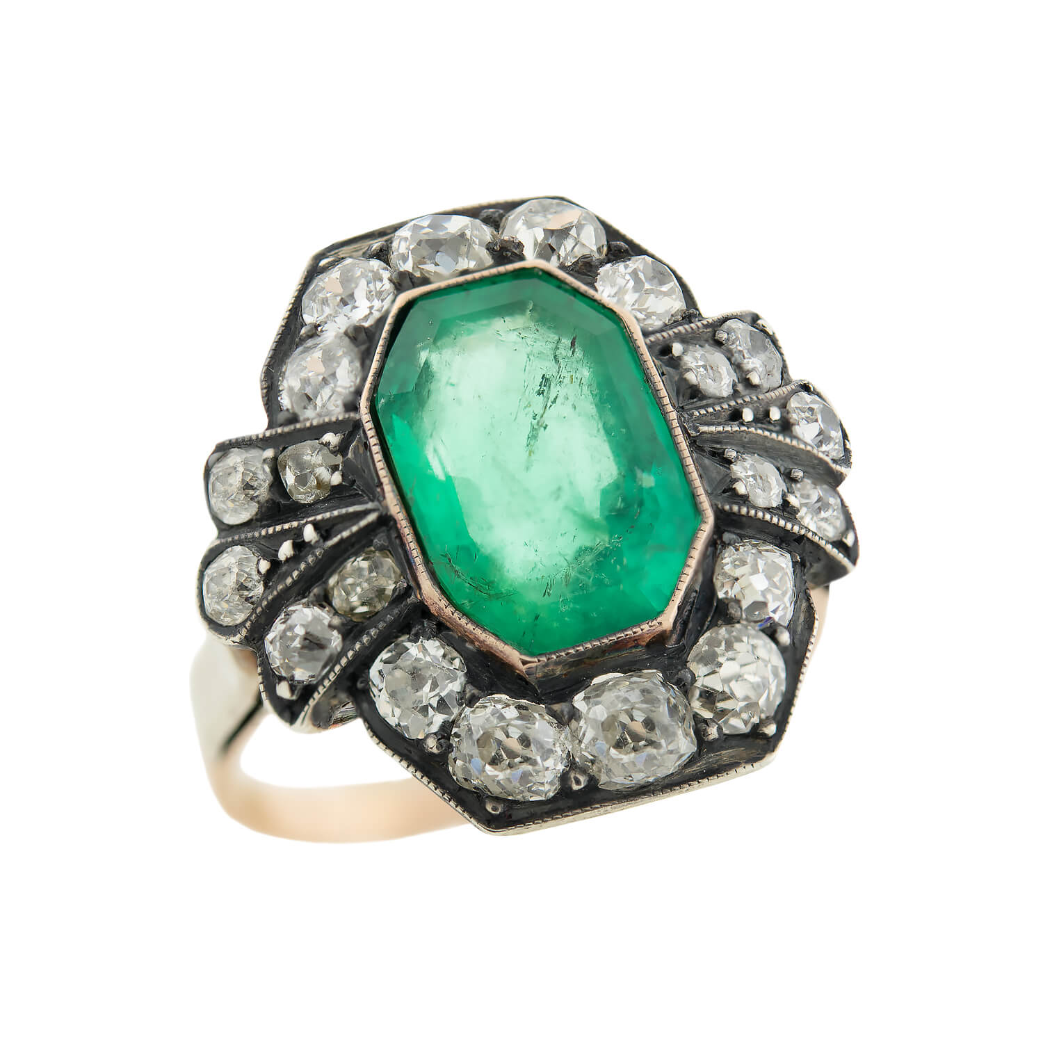 Victorian Style 15k Gold & Sterling Silver 3.50ctw Emerald and Diamond Cluster Ring - Elegant Vintage Jewelry for Weddings, Anniversaries & Special Occasions