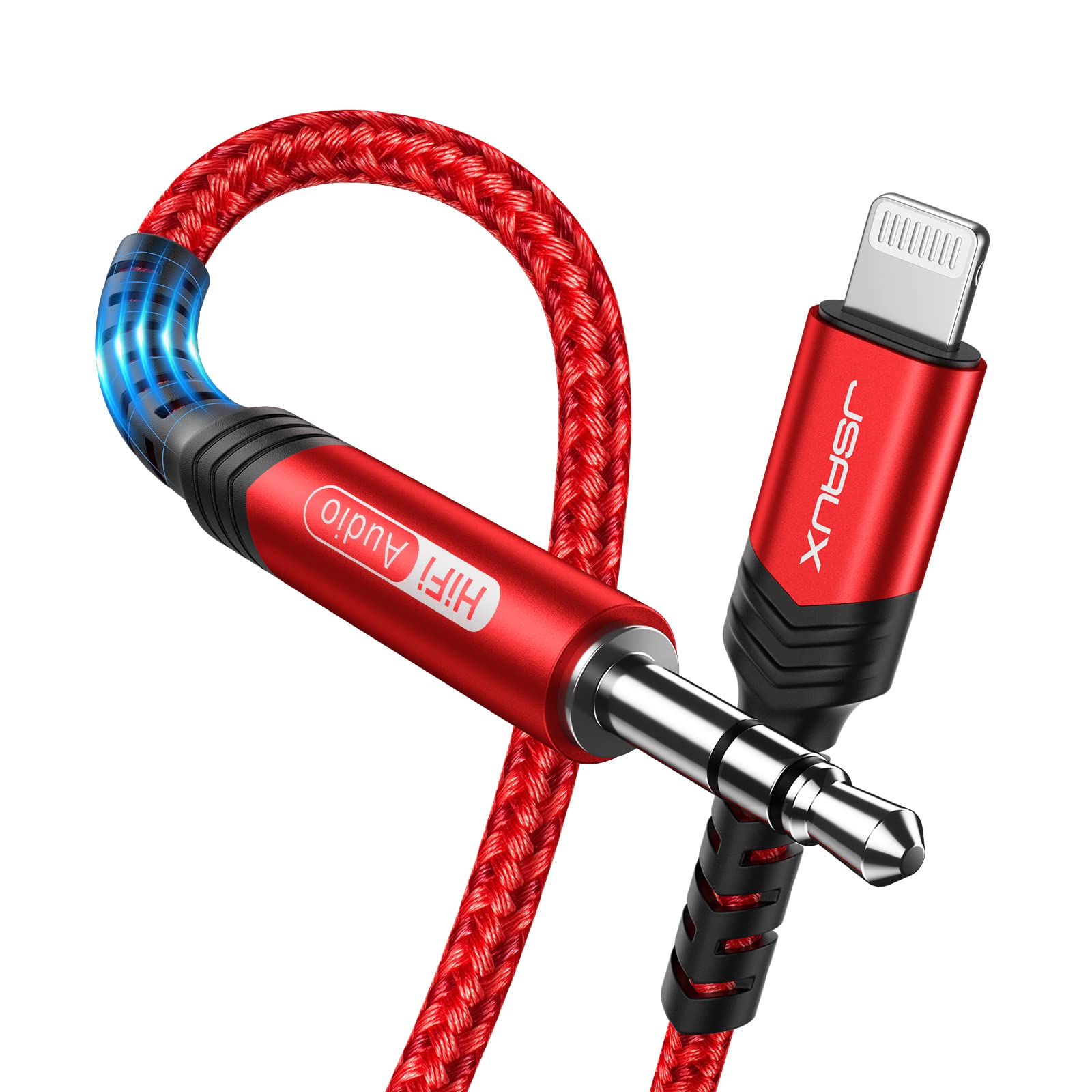 JSAUX MFi Certified Lightning to 3.5mm Aux Cable 1.8M (6ft) - Compatible with iPhone 14/13/12/11/X/XR & Car Stereo/Speaker/Headphone - Red | Perfect for Car Audio, Home Theater & Portable Music Listening