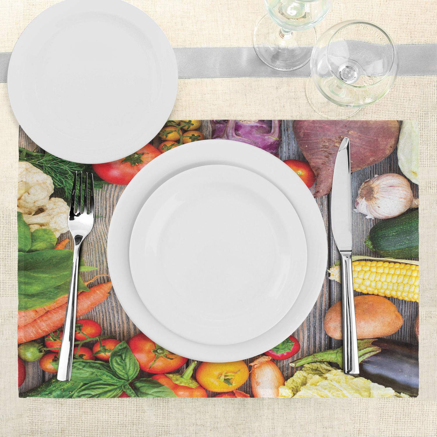 Lunarable Washable Fabric Placemats Set of 4 - Vegetable Theme (Carrot, Corn, Cucumber, Cabbage) for Dining Table, Standard Size, Red & Yellow - Perfect for Kitchen, Restaurant, and Home Decor