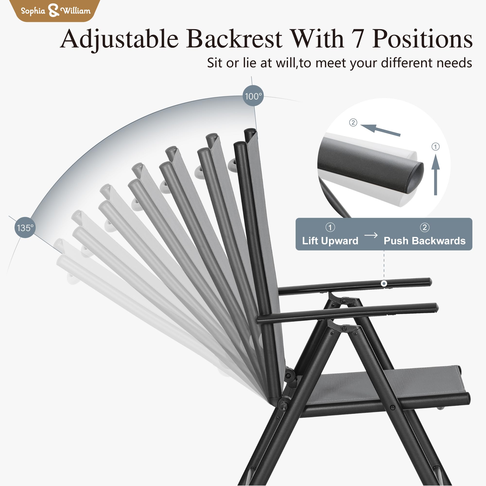 Sophia & William Outdoor Folding Chairs Set of 2 - Adjustable 7-Position Backrest, Lightweight Portable Textilene Patio Dining Chairs for Camping, Beach, Picnic & Backyard (Grey)