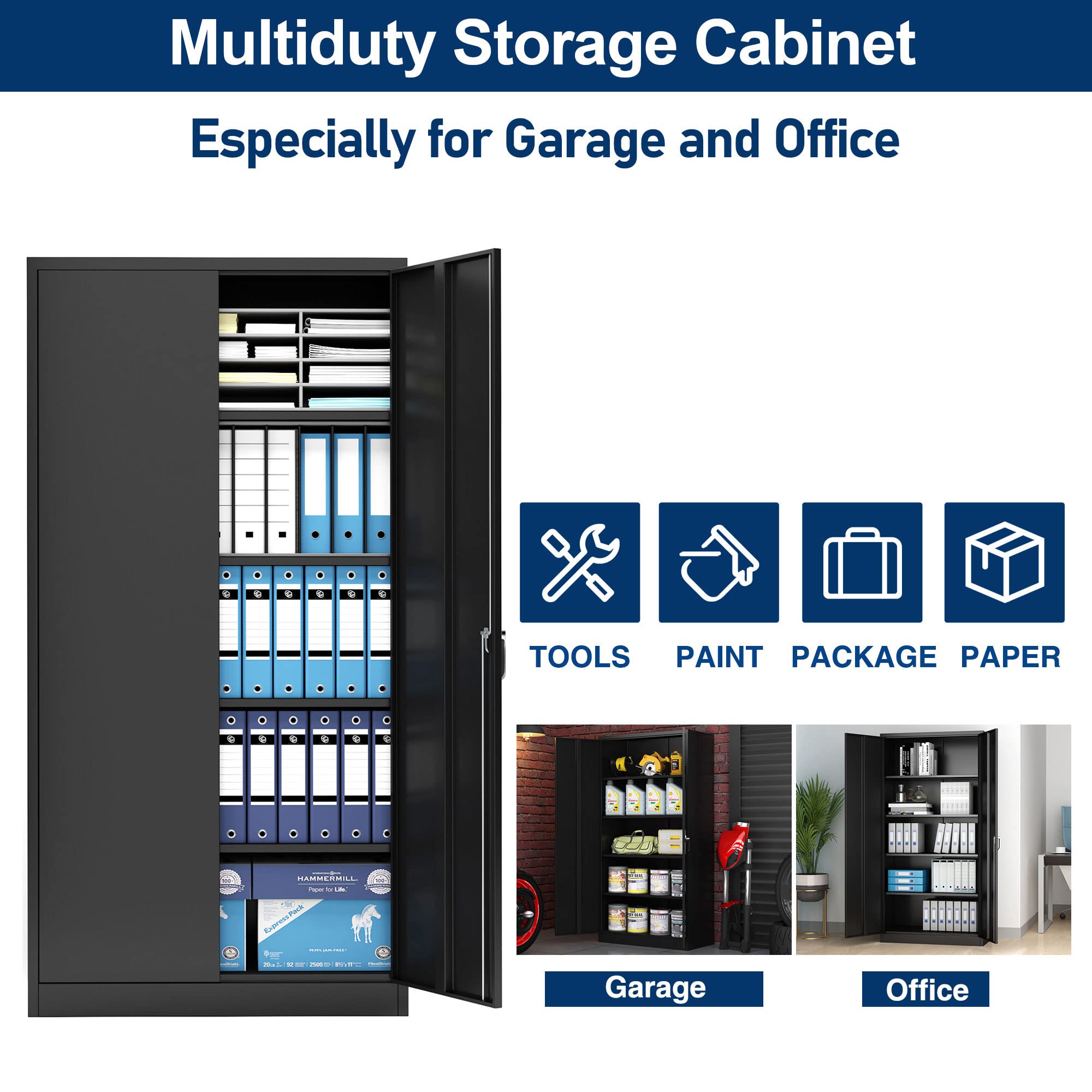 Aobabo 72-Inch Tall Metal Storage Cabinet with Handle Locking System - 4 Adjustable Shelves Steel Organizer for Office, Garage, Warehouse & Home Storage - Black (Assembly Required) - Perfect for Organizing Tools, Files & Supplies