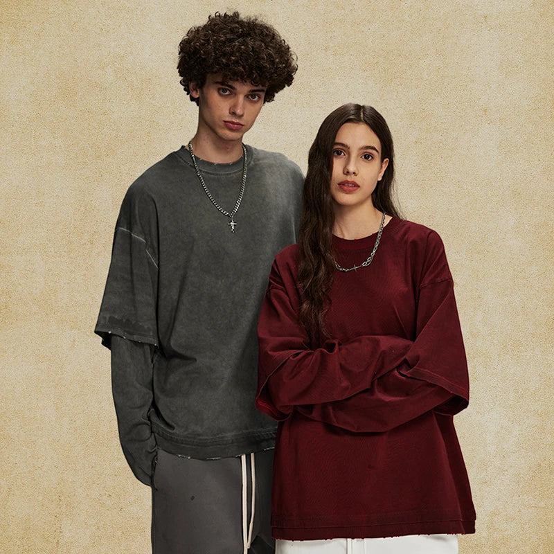 American Style Men's Long Sleeve T-Shirt - Round Neck Washable Faux Two-Piece Design Solid Color Loose Fit Casual Tee for Everyday Wear, Street Style & Layering