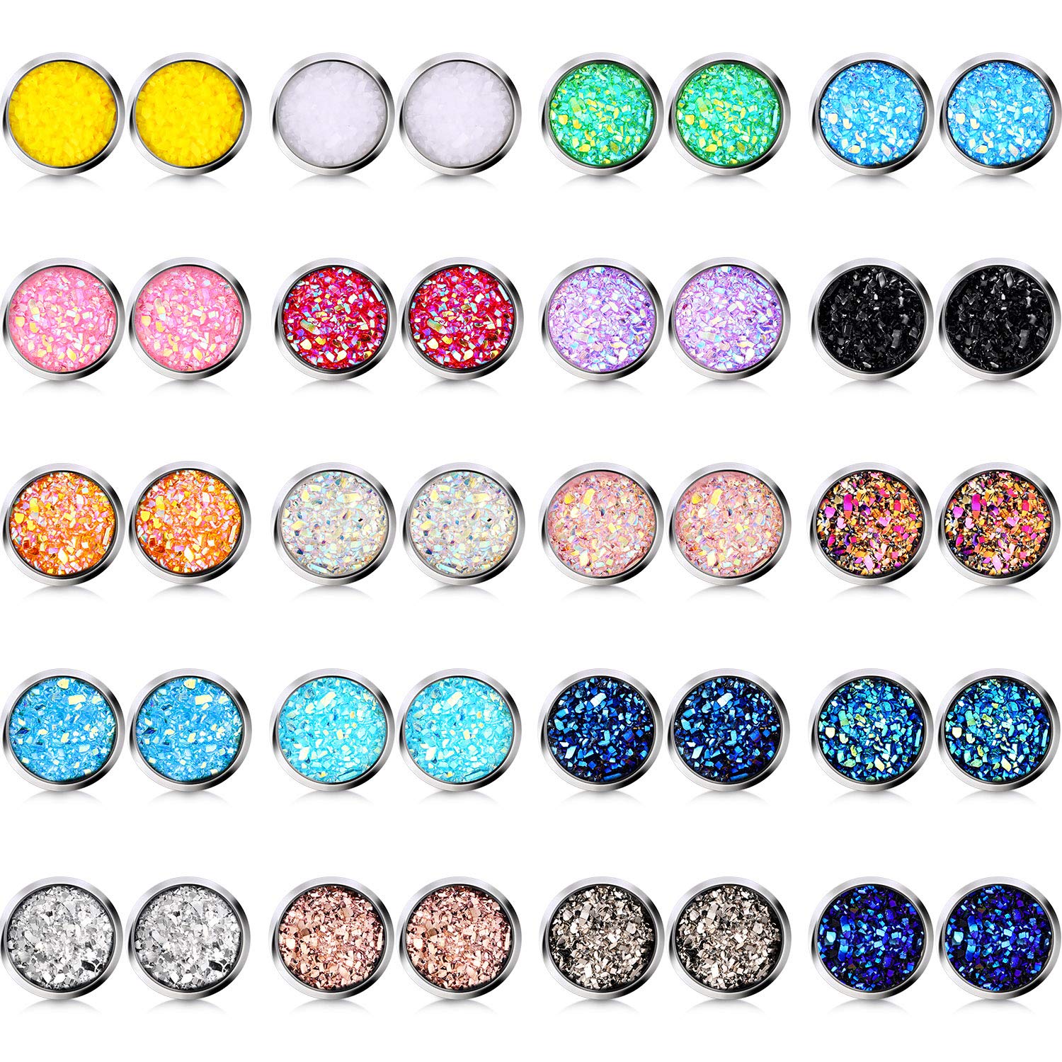 20 Pairs Faux Druzy Stud Earrings Set - Stainless Steel Round Pierced Earrings for Women & Girls | Hypoallergenic Fashion Jewelry for Daily Wear, Parties & Gifts