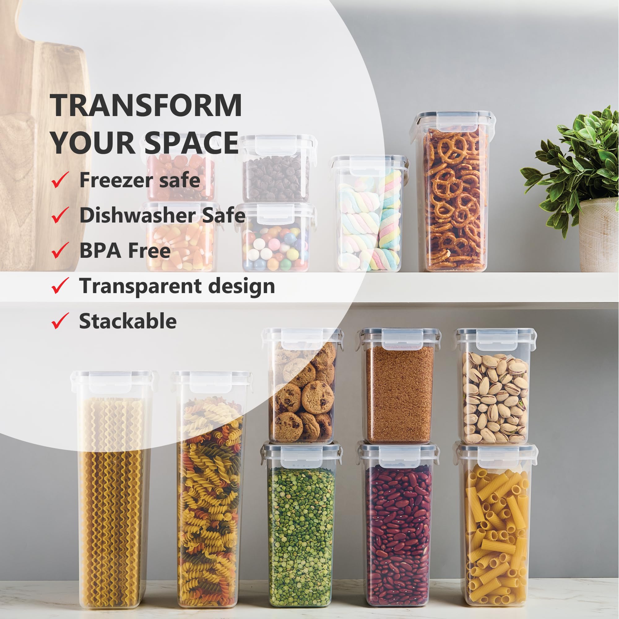 DWËLLZA 14-Piece Airtight Food Storage Container Set for Sugar, Flour, Pasta & Spaghetti - BPA-Free Plastic Kitchen Canisters with Lids, Marker & Labels - Perfect for Pantry Organization, Baking Supplies & Meal Prep Storage
