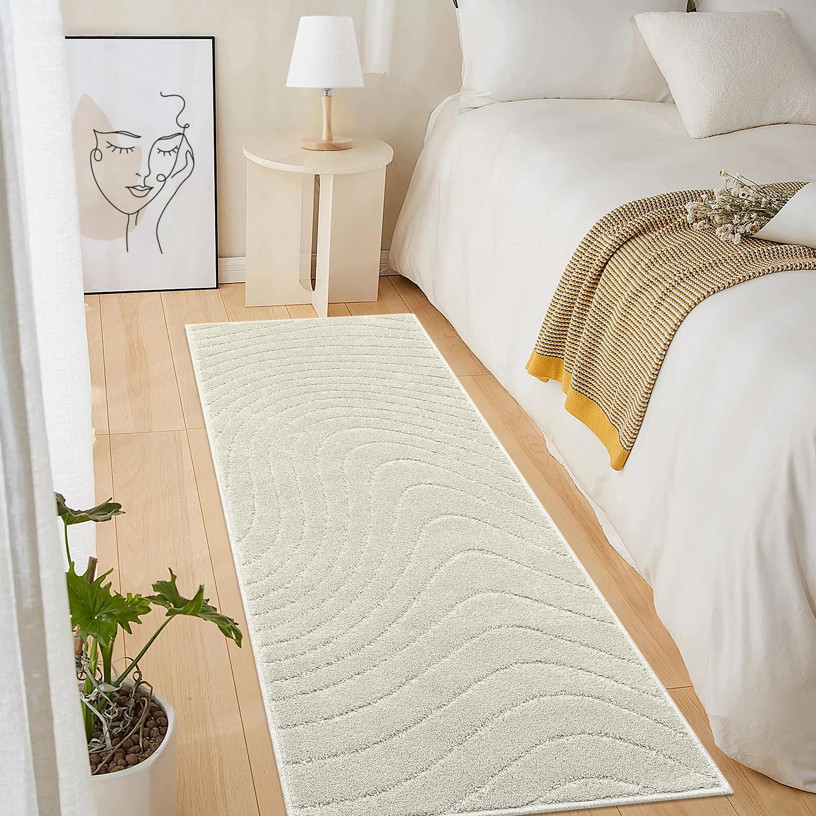 GARVEE 2x8 Non-Slip Boho Runner Rug - Modern Abstract Wave Design with High-Low Loop Pile, Stain Resistant Contemporary Carpet for Hallway, Living Room & Bedroom (Beige) | Perfect for High-Traffic Areas and Home Decor Accents