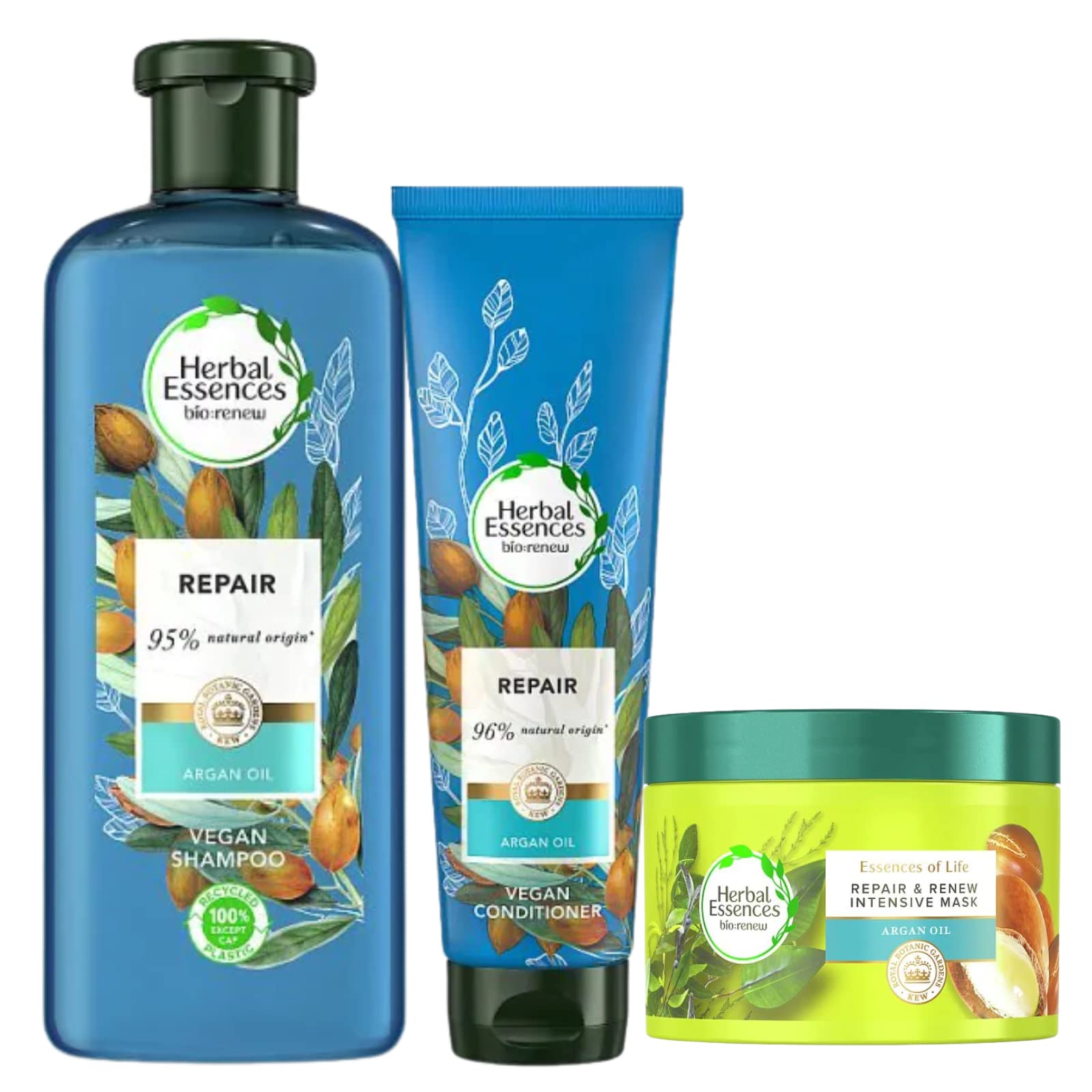 Herbal Essences Bio: Renew Shampoo, Conditioner & Hair Mask Set with Moroccan Argan Oil - Smooth & Strong Hair Care Bundle for Damaged Hair Repair - Perfect for Daily Use, Salon Treatments & Travel