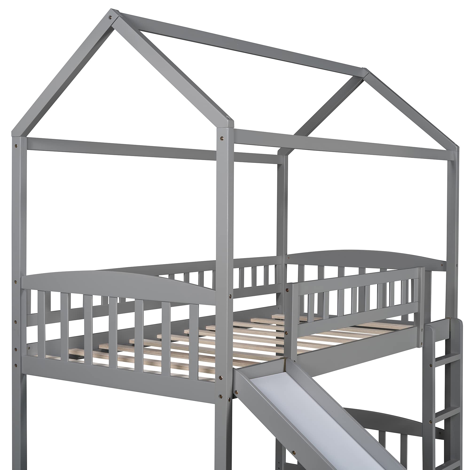 Wooden Loft Bed with Slide - Twin Size House Shaped Bed Frame with Roof, Ladder & Safety Guardrails for Kids & Teens - No Box Spring Needed (Gray) | Perfect for Small Bedrooms, Playrooms & Dorm Decor