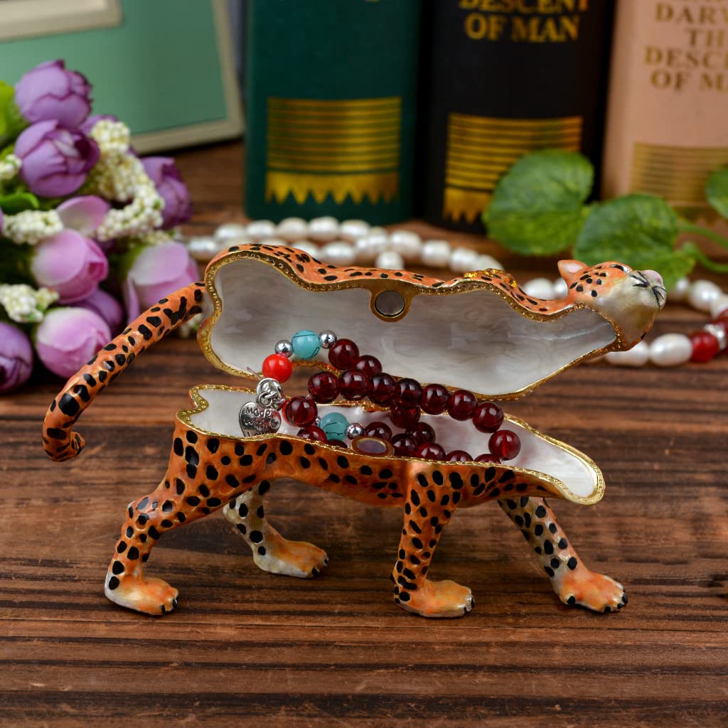 Golden Crystal Enameled Leopard Jewelry Box - Hand-Painted Hinged Jaguar Trinket Box for Women, Elegant Home Décor & Unique Gift for Animal Lovers - Perfect for Jewelry Storage, Vanity Organizer & Gift Giving