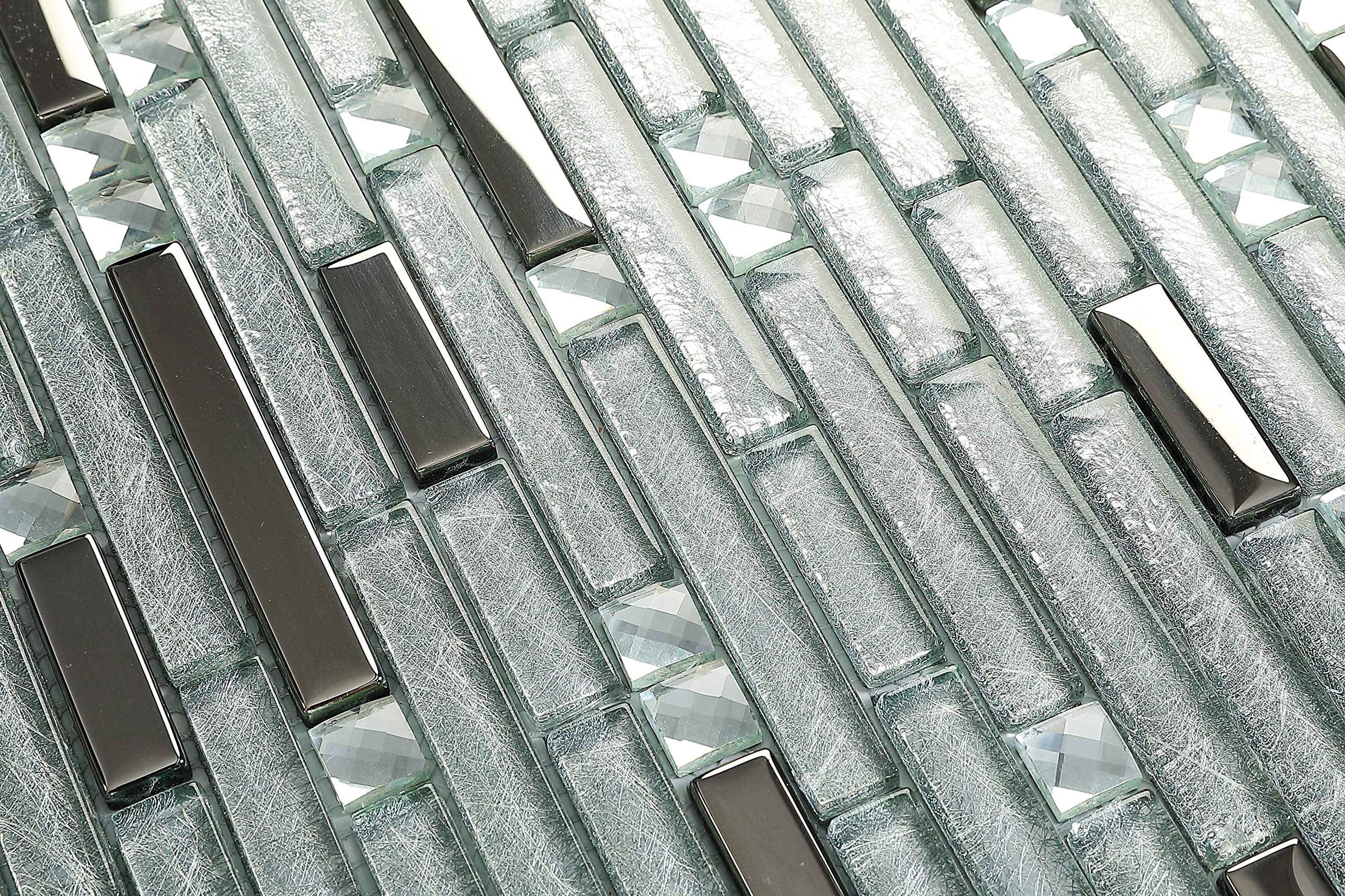 Sparkling Silver Crystal Glass Metal Mosaic Tiles - Stain Resistant Linear Design for Kitchen Backsplash, Bathroom & Shower Walls (6 Sq Ft) - Perfect for Modern Home Decor and Commercial Spaces