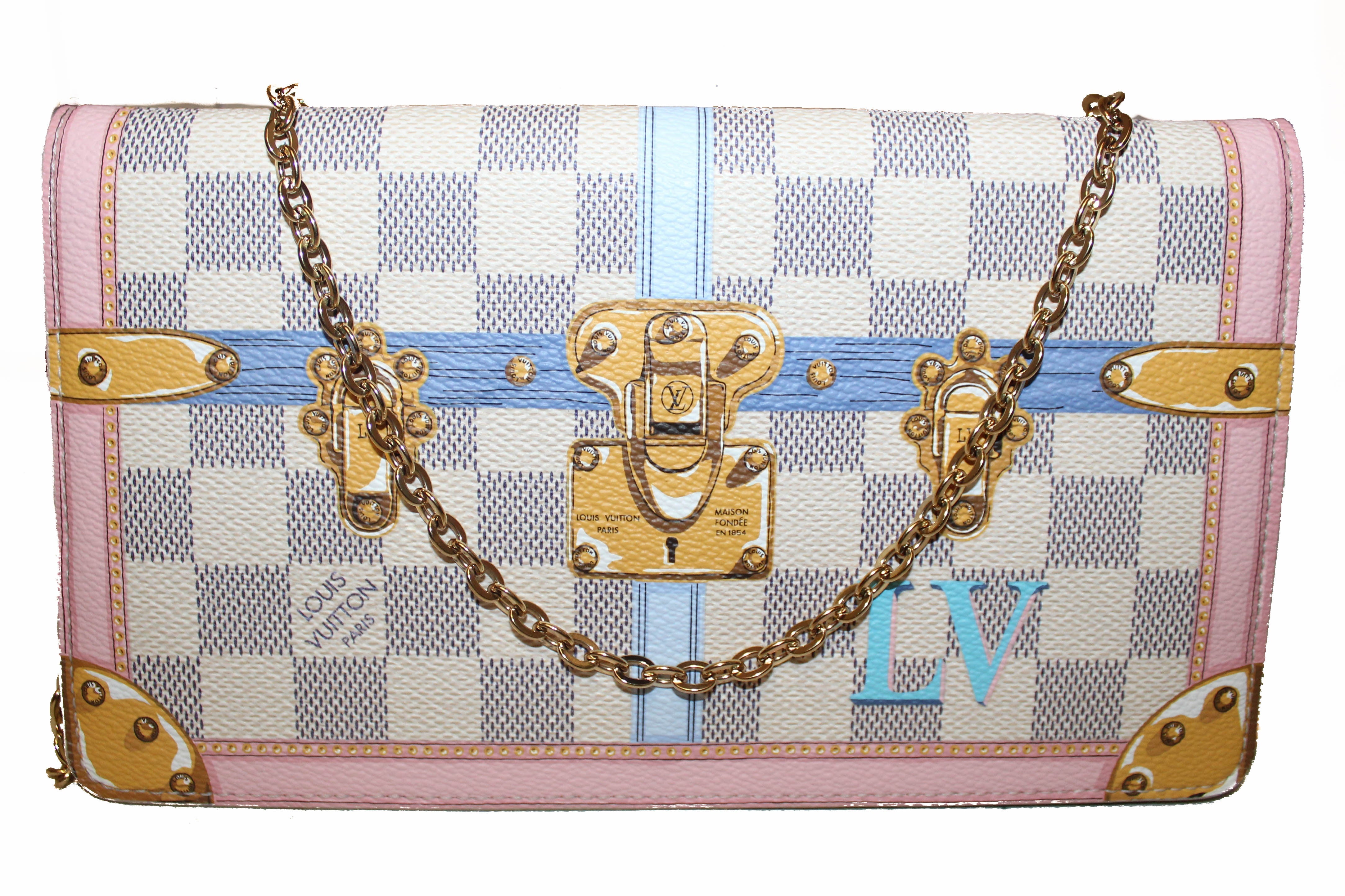 Authentic Louis Vuitton Damier Azur Canvas Weekend Pochette Shoulder Bag with Gold Chain Strap - Perfect for Travel, Date Night & Everyday Luxury Accessory