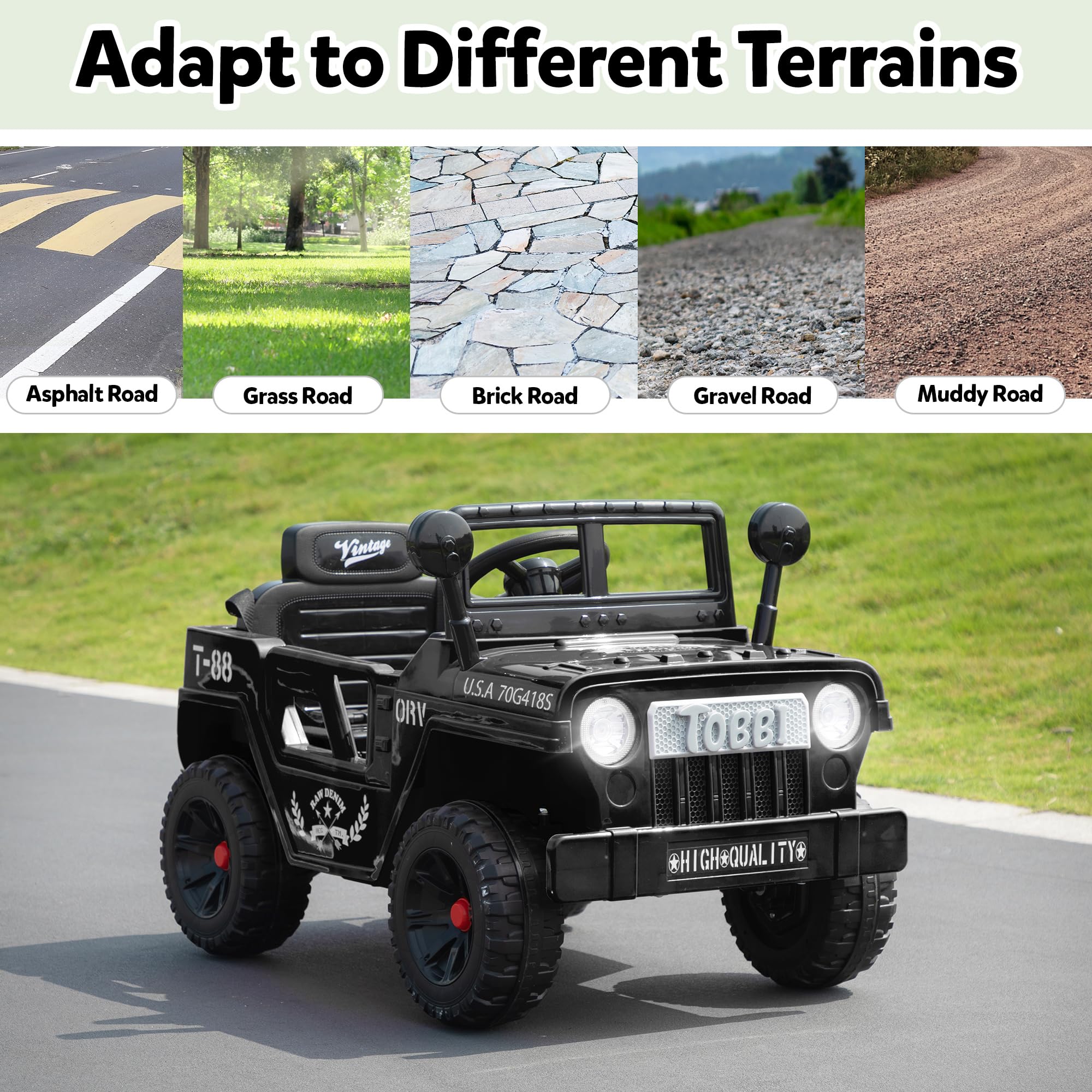 TOBBI 12V Kids Electric Ride On Toy Car - Battery Powered Off-Road Truck with LED Lights, Horn & Suspension - Best Gift for Boys & Girls Ages 3-6 (Black) - Perfect for Outdoor Play, Birthday Presents & Backyard Adventures