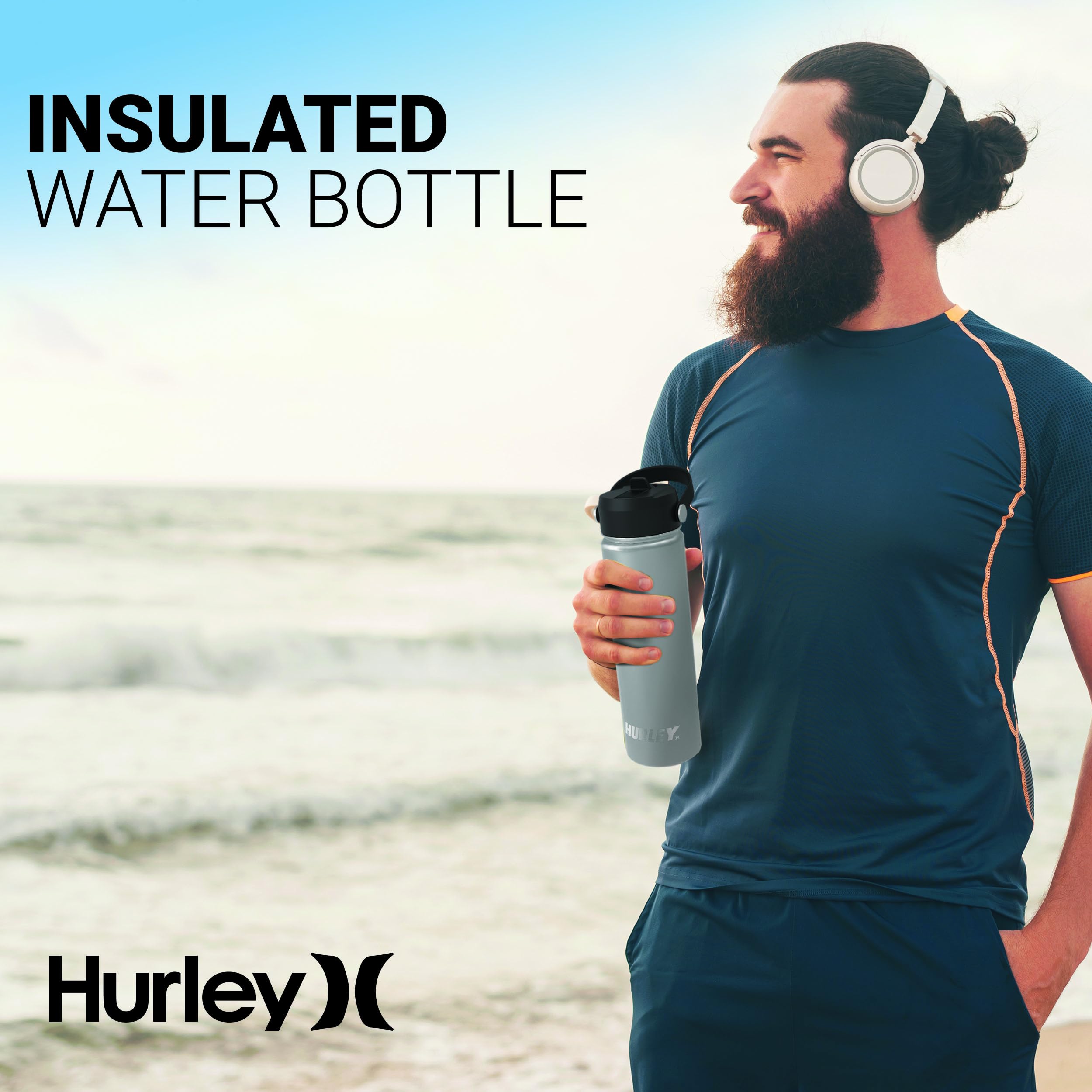 Hurley 20oz Stainless Steel Insulated Water Bottle with Flip Straw Lid - Keeps Drinks Hot/Cold for 24 Hours - Perfect for Gym, Hiking, Travel & Outdoor Activities - BPA Free Silver Vacuum Flask