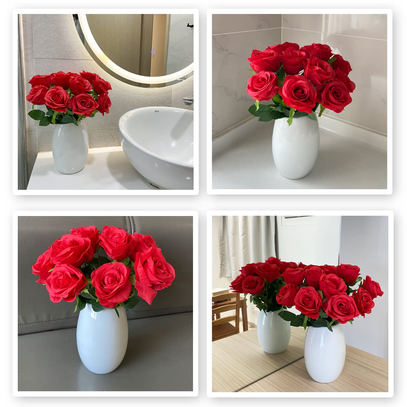 12 PCS Realistic Artificial Silk Roses with Long Stems - Fake Rose Flower Bouquets for Wedding, Home, Party Decoration - Perfect for Centerpieces, DIY Arrangements & Gift Giving (Red)