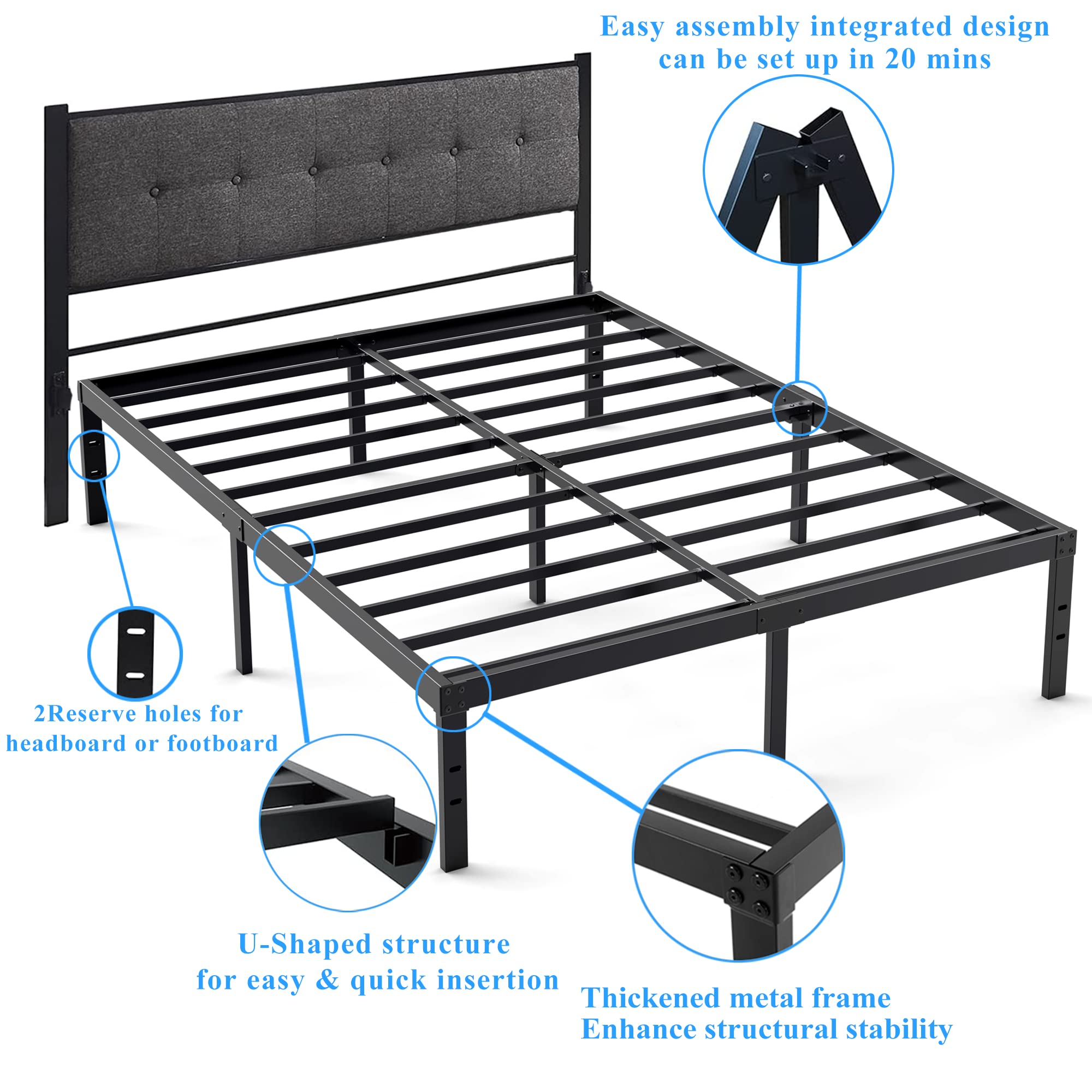14 Inch Heavy Duty Metal Queen Bed Frame - No Box Spring Needed, Supports Up to 3500lbs | Sturdy Platform Bed for Master Bedroom, Guest Room & Small Spaces