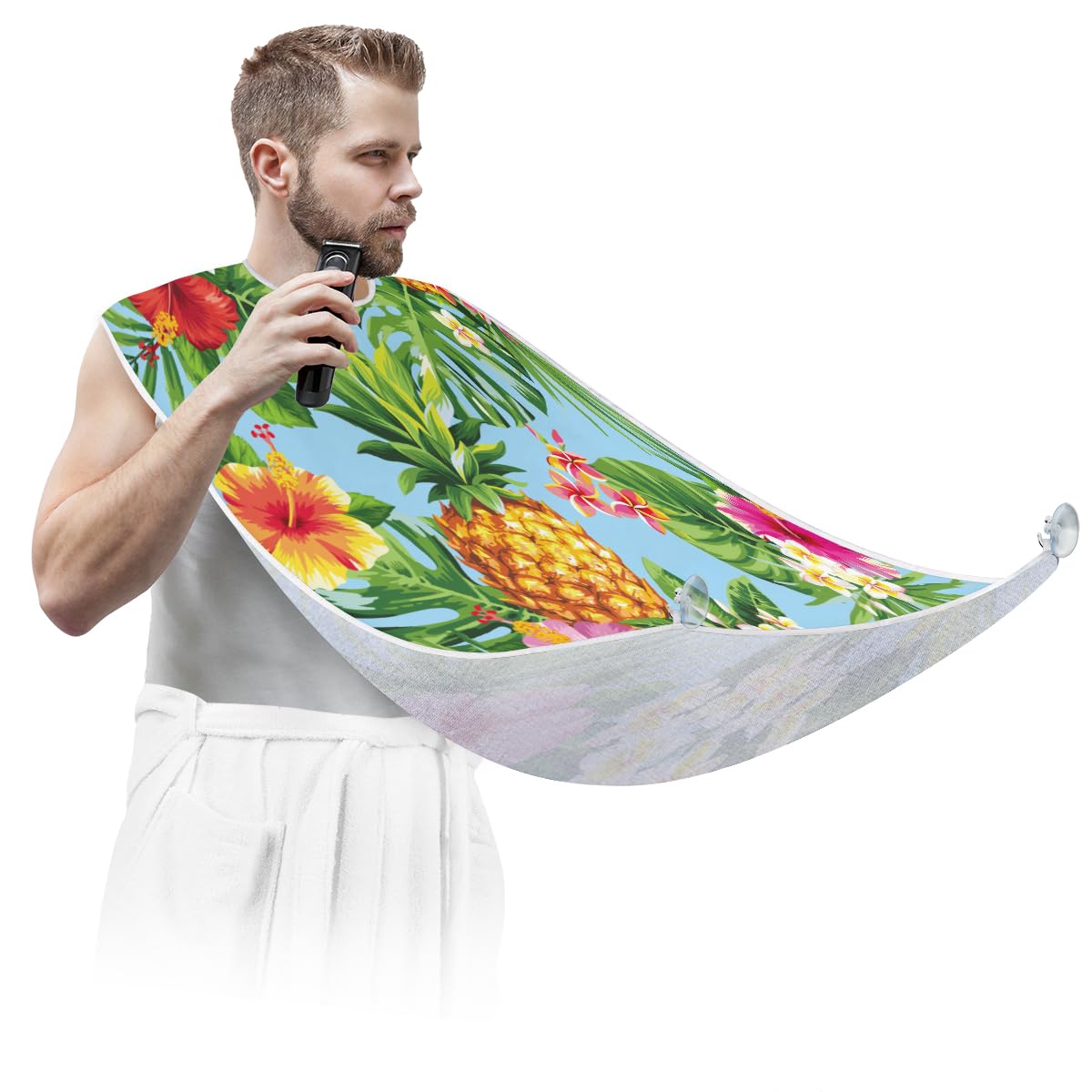Non-Stick Beard Bib with Suction Cups - Tropical Pineapple Palm Leaves Design for Men's Shaving & Grooming | Perfect Birthday Gift for Husband & Dad | Use During Haircuts, Trims & Beard Care at Home