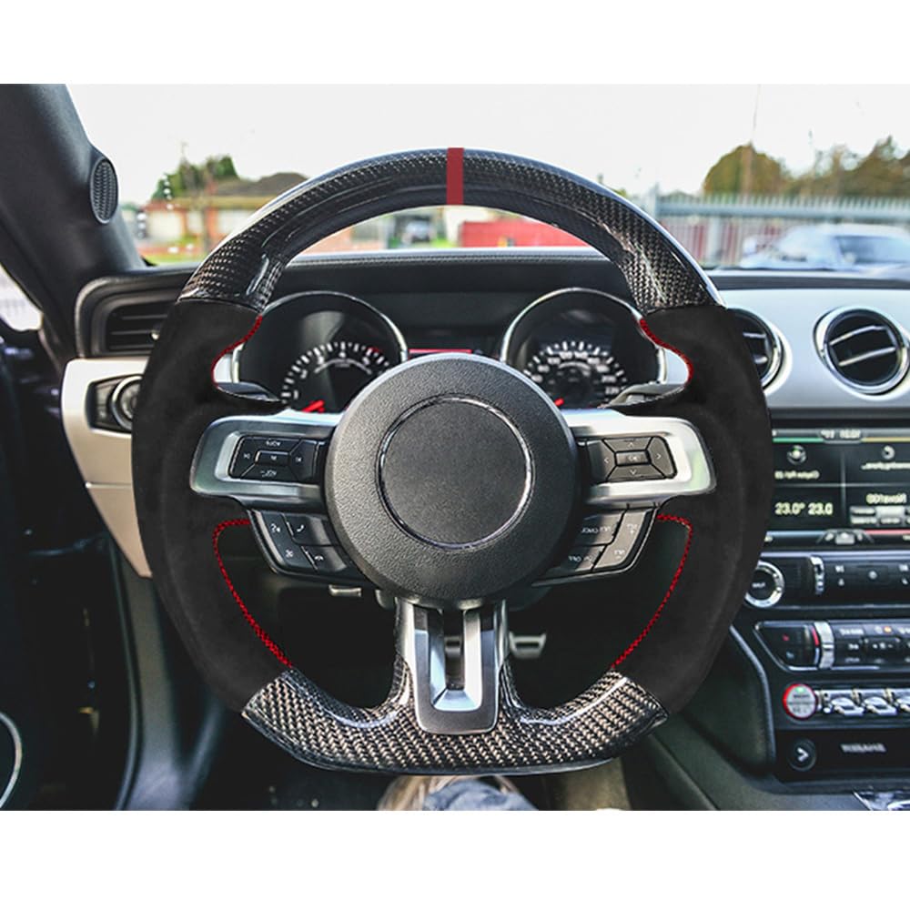 IKON MOTORSPORTS V3 Style Carbon Fiber Steering Wheel with Red Synthetic Suede Ring - Compatible with 2015-2017 Ford Mustang | Perfect for Racing, Drifting & Performance Driving