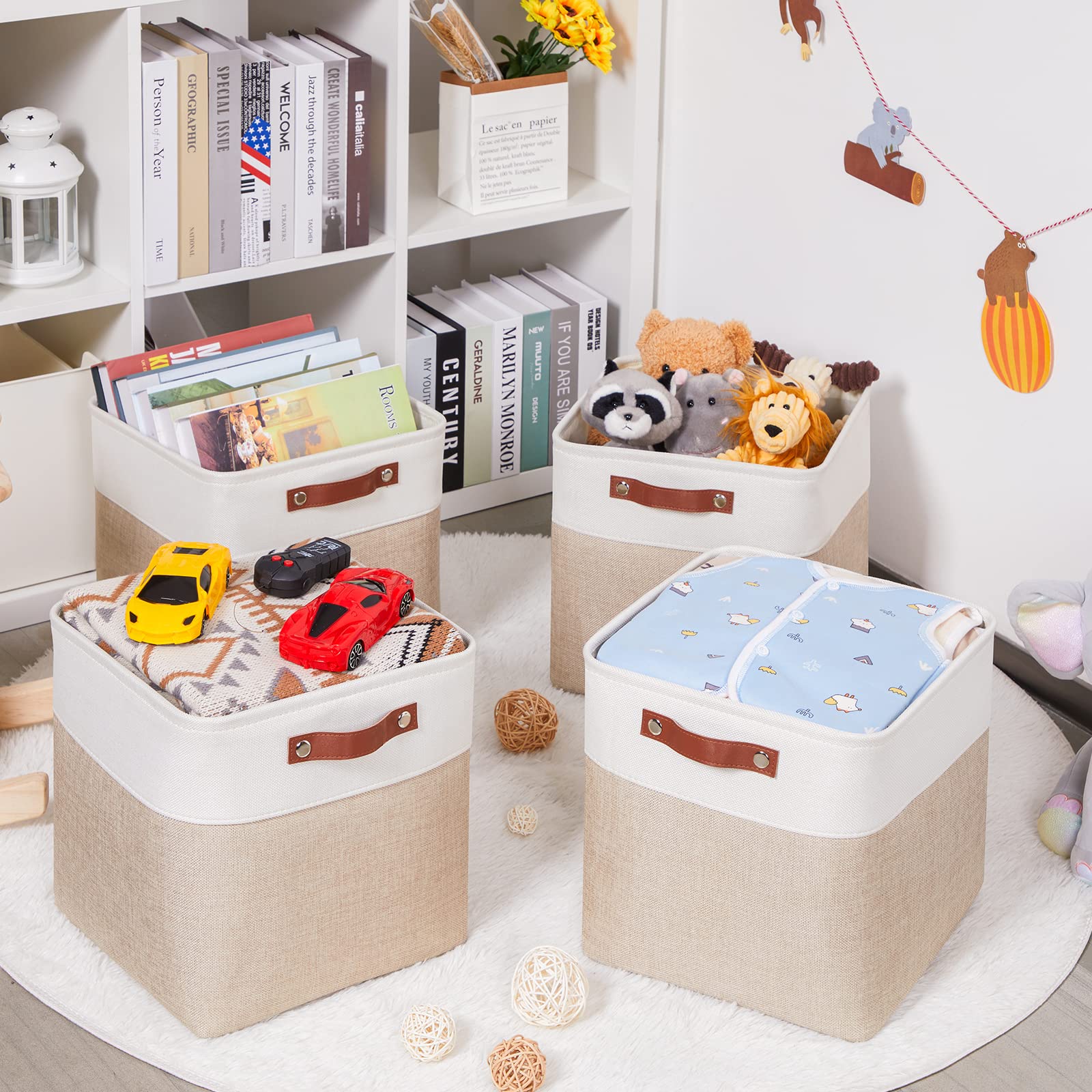 HNZIGE Foldable Storage Baskets 4 Pack - 12x12 Cube Organizer Bins for Shelves, Closet, Home & Office Organization - White & Beige Fabric Storage Boxes with Handles | Perfect for Bedroom, Nursery, Pantry & Toy Storage