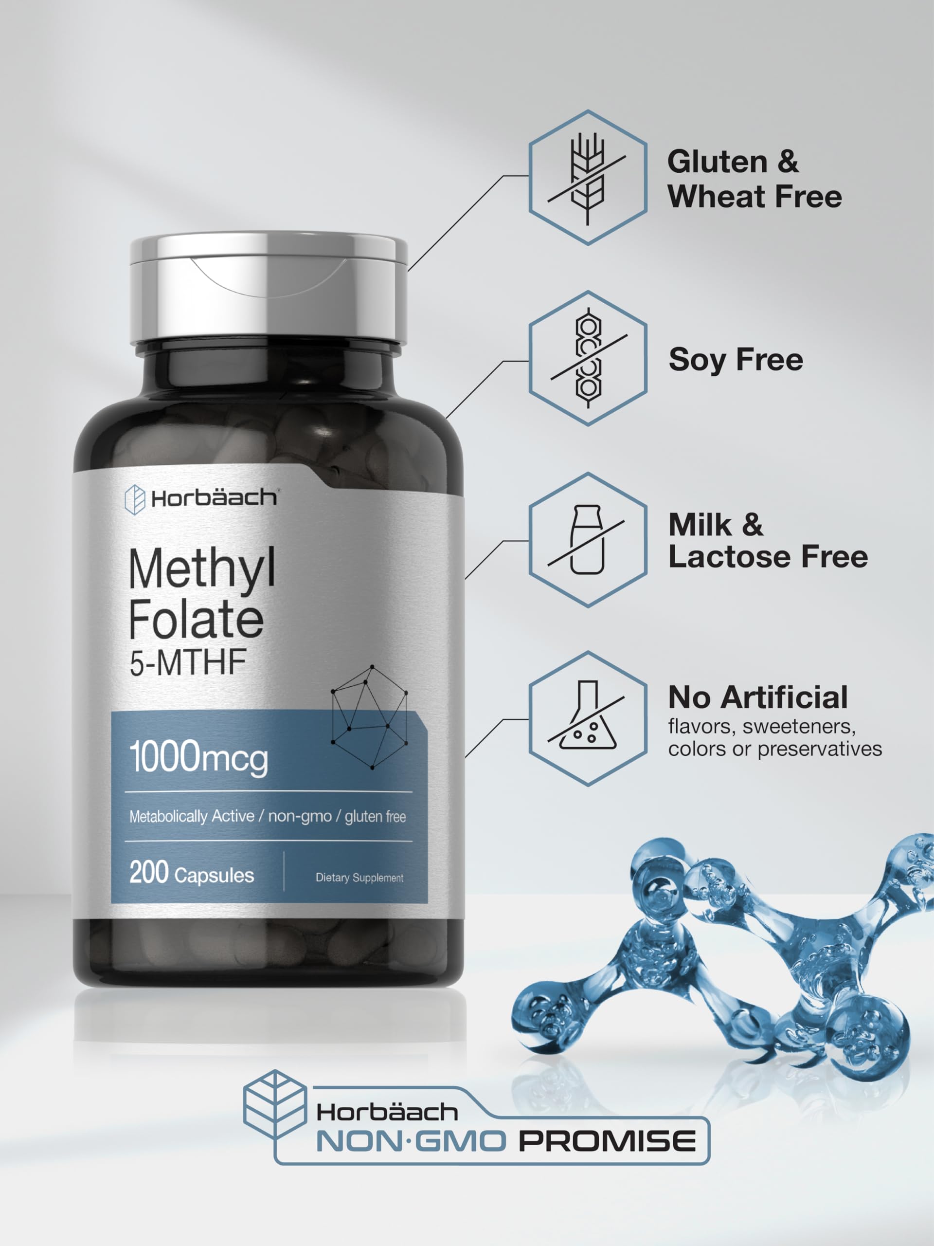Horbäach Methyl Folate 1000 mcg Supplement (200 Capsules) - 5-MTHF Active Folate for Women & Men - Non-GMO, Gluten Free - Supports Heart Health, Pregnancy & Cognitive Function - Perfect for Prenatal Care & Daily Wellness
