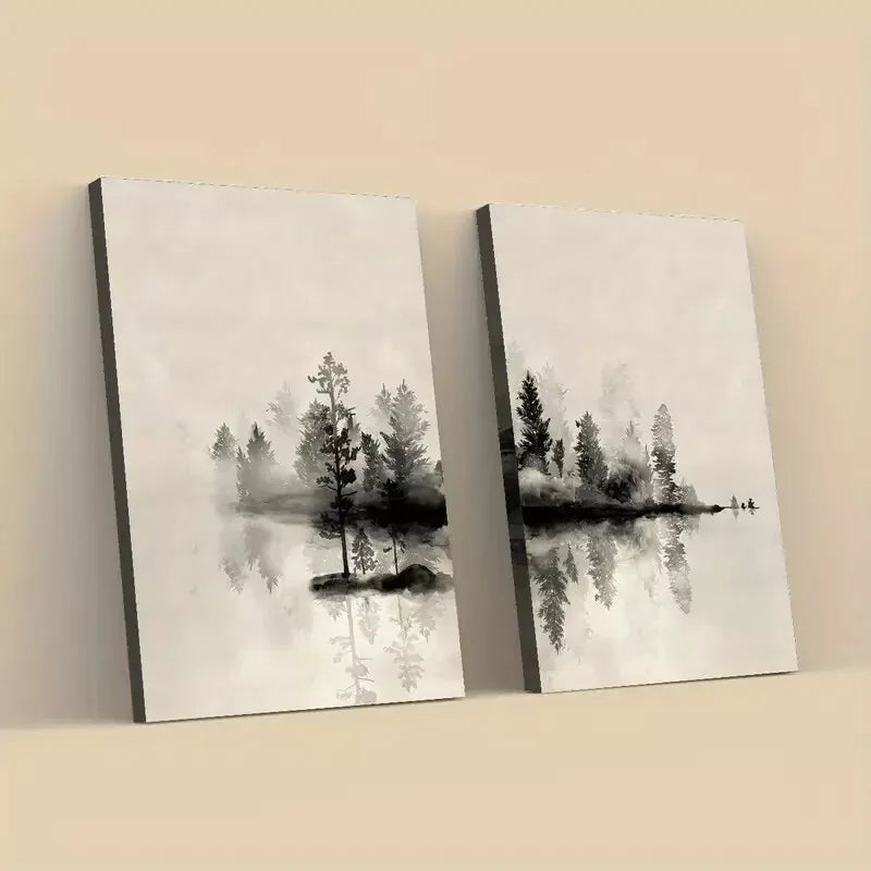 2-Piece Abstract Trees and Lake Framed Canvas Wall Art - 50x75cm High Quality Print, 100% Australian Made, Ready to Hang - Perfect for Living Room, Bedroom & Office Decor