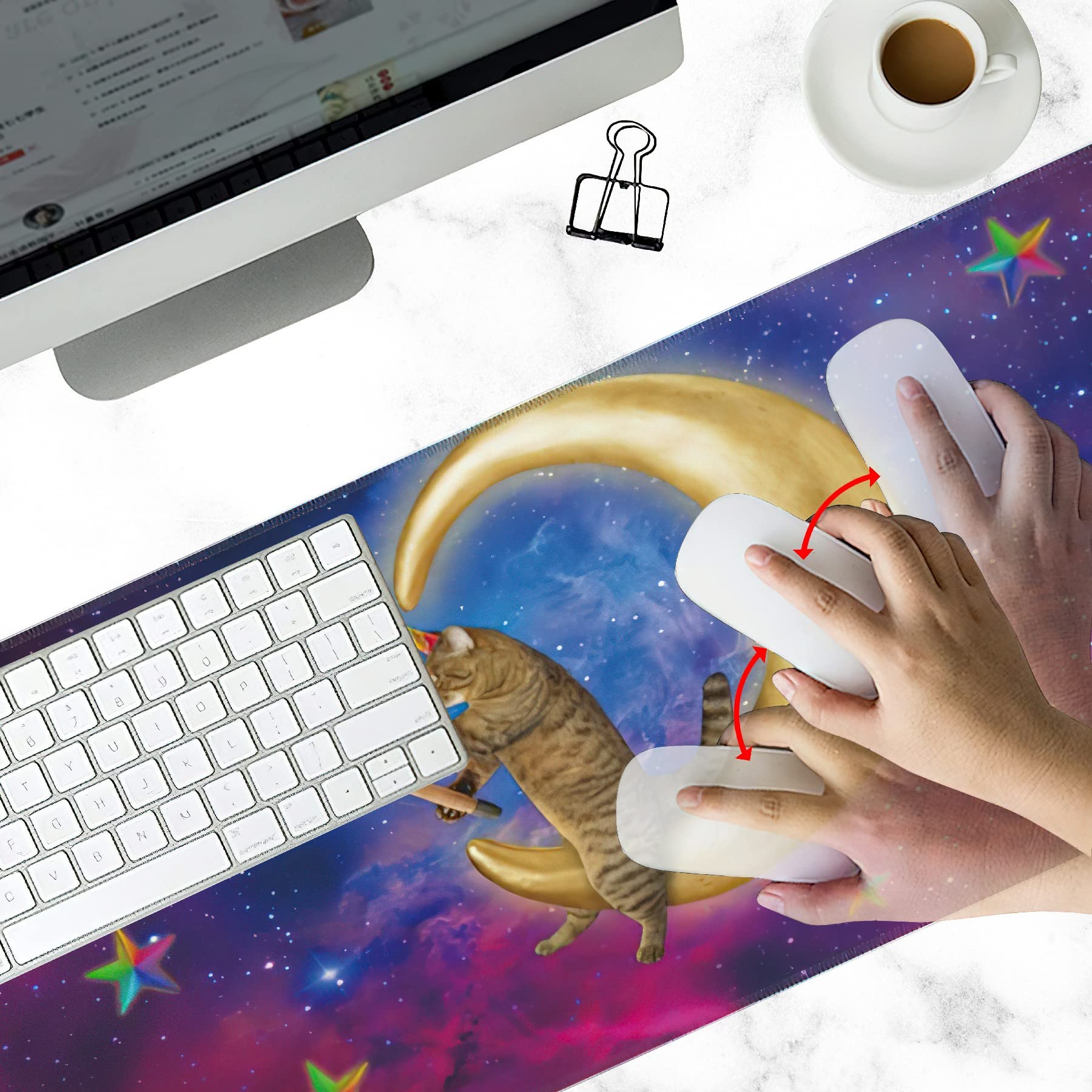 Elightvap Large Gaming Mouse Pad with Cat Moon Stars Design - Non-Slip Rubber Base & Stitched Edges - 35.5