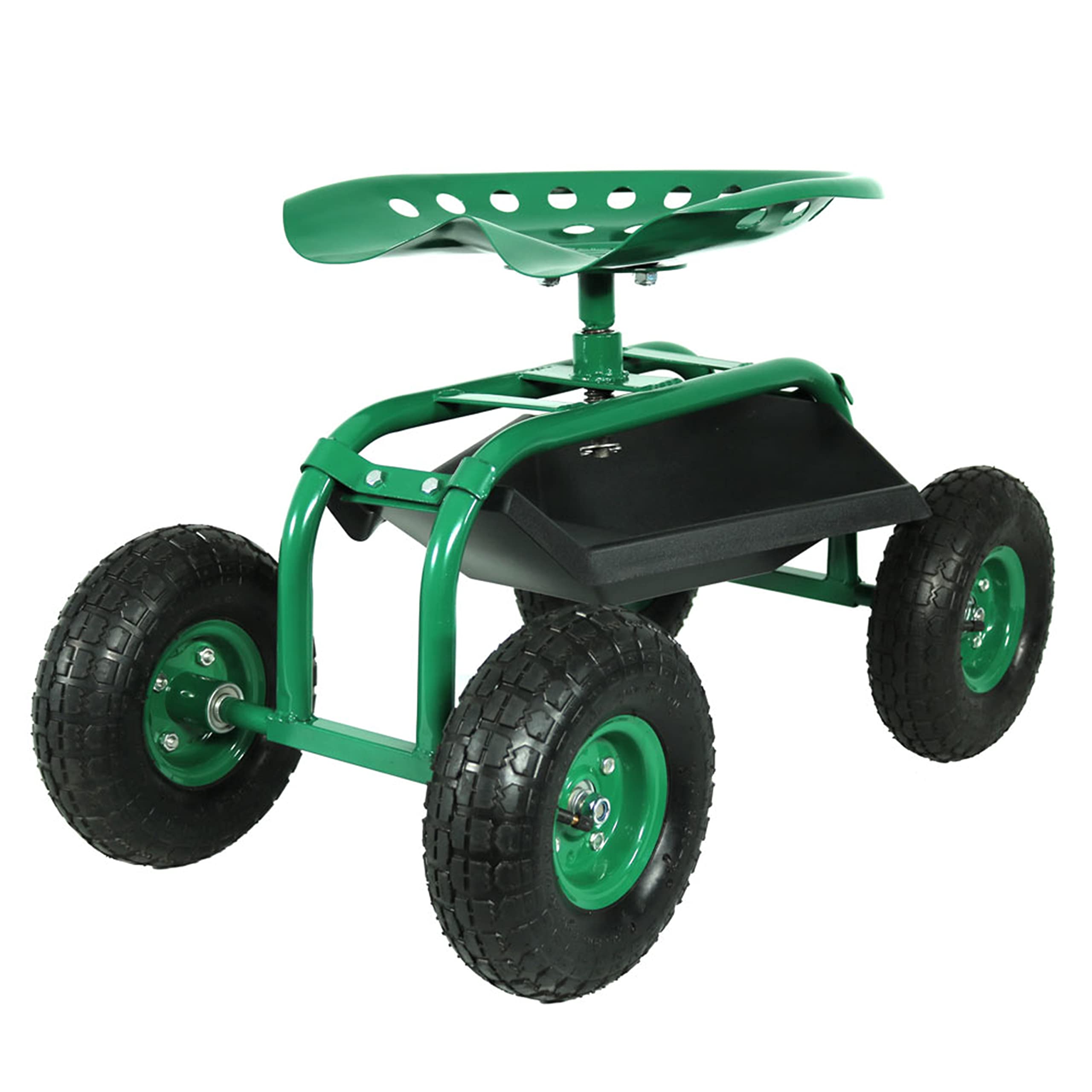 Sunnydaze Rolling Garden Cart with 360 Degree Swivel Seat & Tray - Heavy Duty Outdoor Utility Cart for Gardening, Landscaping, and Patio Use - Green