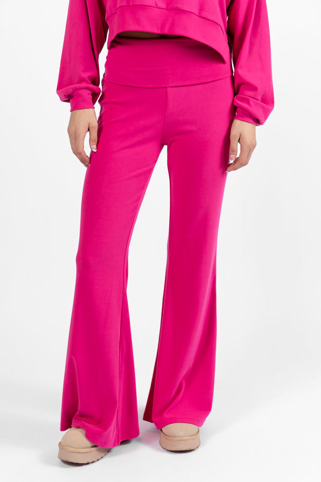 Dream Pink Foldover Band Super Soft Flare Pants for Women | Comfortable High-Waisted Lounge & Yoga Pants | Perfect for Home, Workout, and Casual Wear