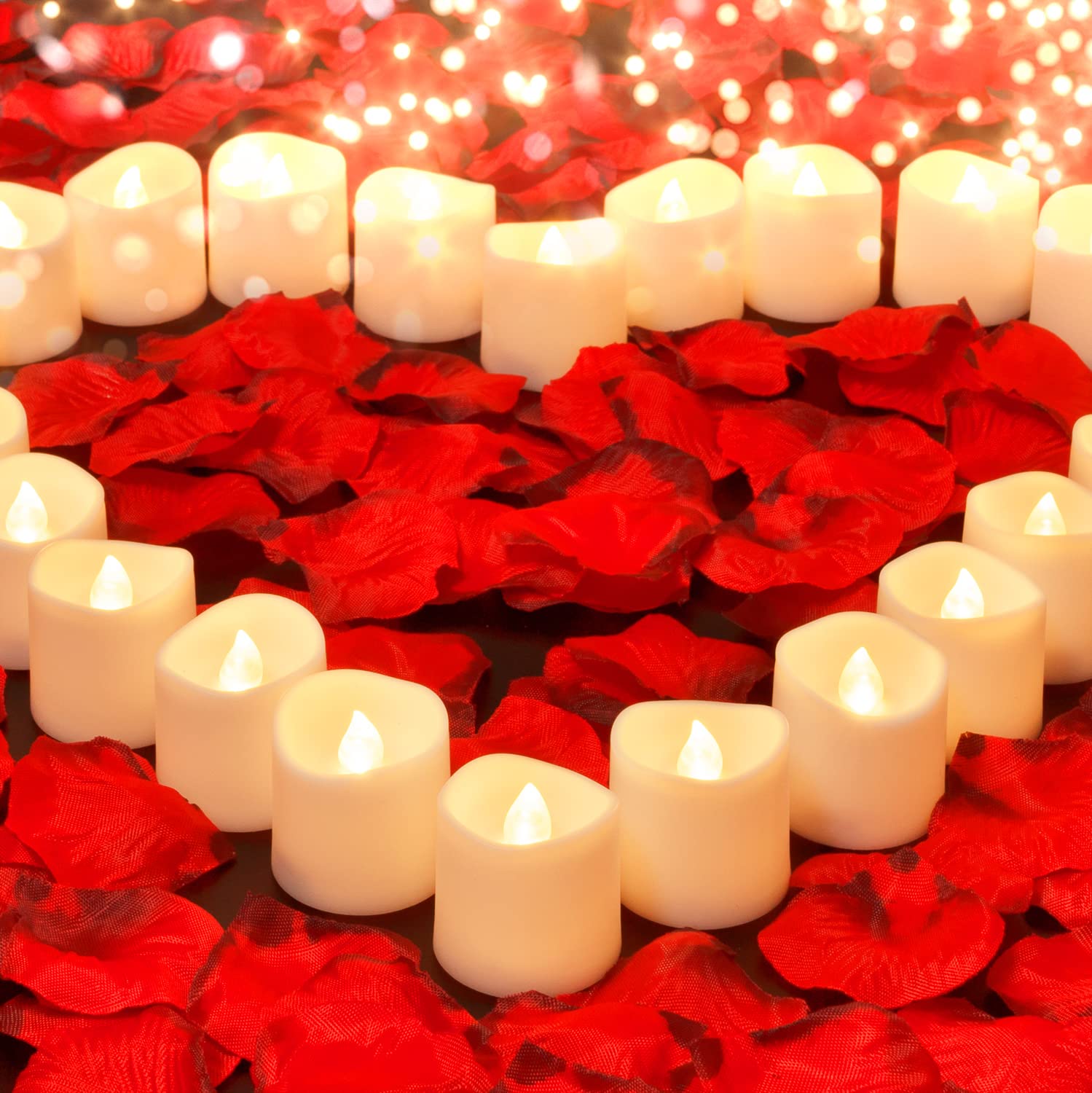 Homemory 24-Pack LED Flameless Candles with 500 Artificial Rose Petals - Warm White Battery Tea Lights for Romantic Nights, Valentine's Day, Wedding & Bedroom Decor - Perfect for Tablescapes, Proposals & Anniversary Celebrations