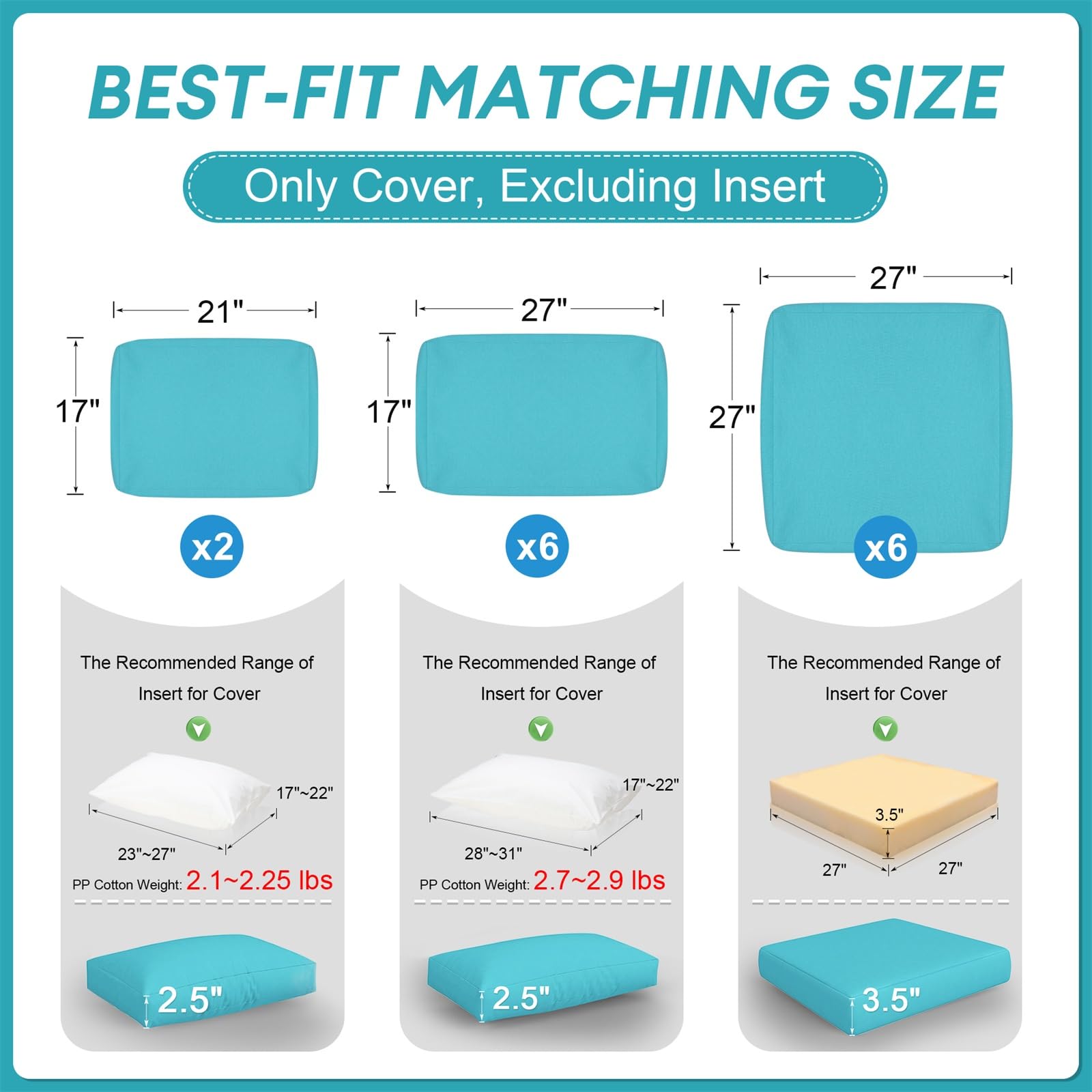 NICESOUL® 14-Piece Outdoor Sofa Cushion Covers - Teal Blue Waterproof Patio Furniture Cushion Replacement (27x27 Inch) - All-Weather Olefin Fabric for Deck, Poolside & Garden Use
