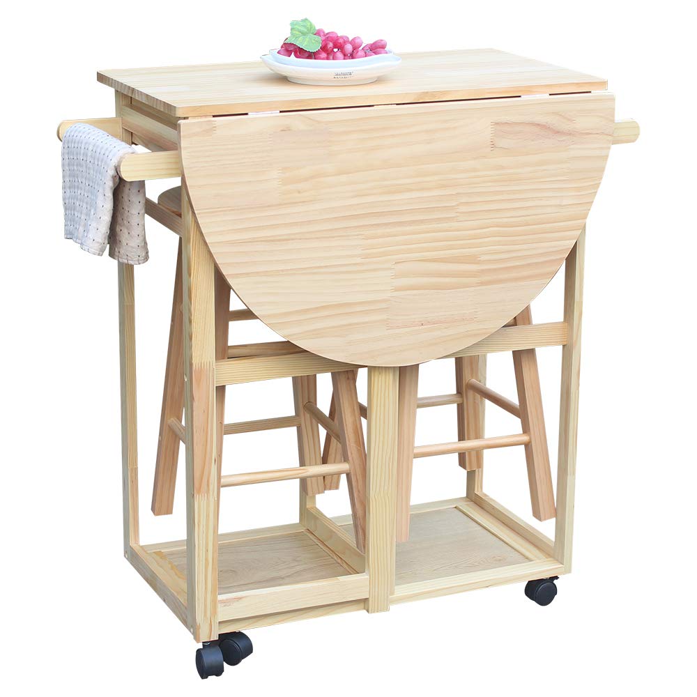 Portable Kitchen Island on Wheels with Folding Drop Leaf & 2 Drawers - Small Rolling Kitchen Table Set Includes 2 Square Stools (Natural Finish) - Perfect for Small Apartments, Breakfast Nooks & Mobile Cooking Stations