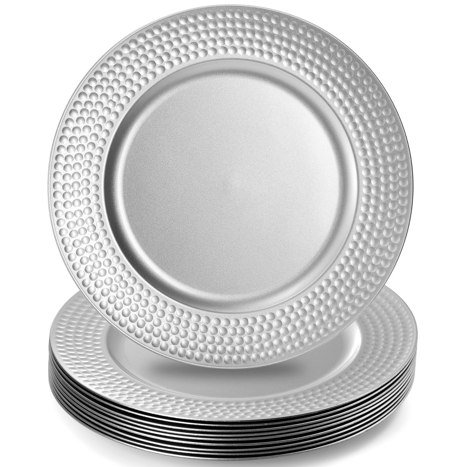 Nicunom 12-Pack Silver Plastic Charger Plates Set - 13 Inch Round Decorative Dinner Plates with Hammered Rim for Wedding, Party & Special Events - Perfect for Table Settings, Buffet Displays & Holiday Decorations