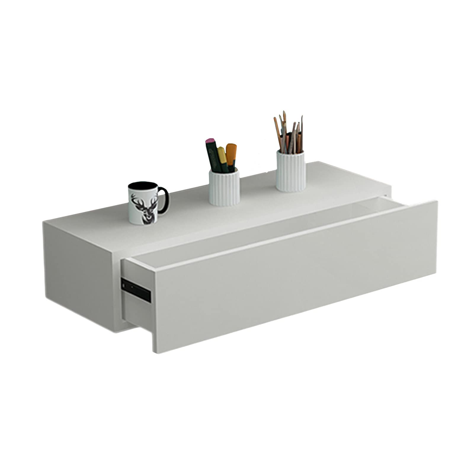 Floating Wall Shelves with Drawer - Solid Wood Storage Organizer for Bedroom, Bathroom & Office - White Wall Mount Shelf (40x30x15cm) - Perfect for Cosmetics, Books & Home Decor Organization