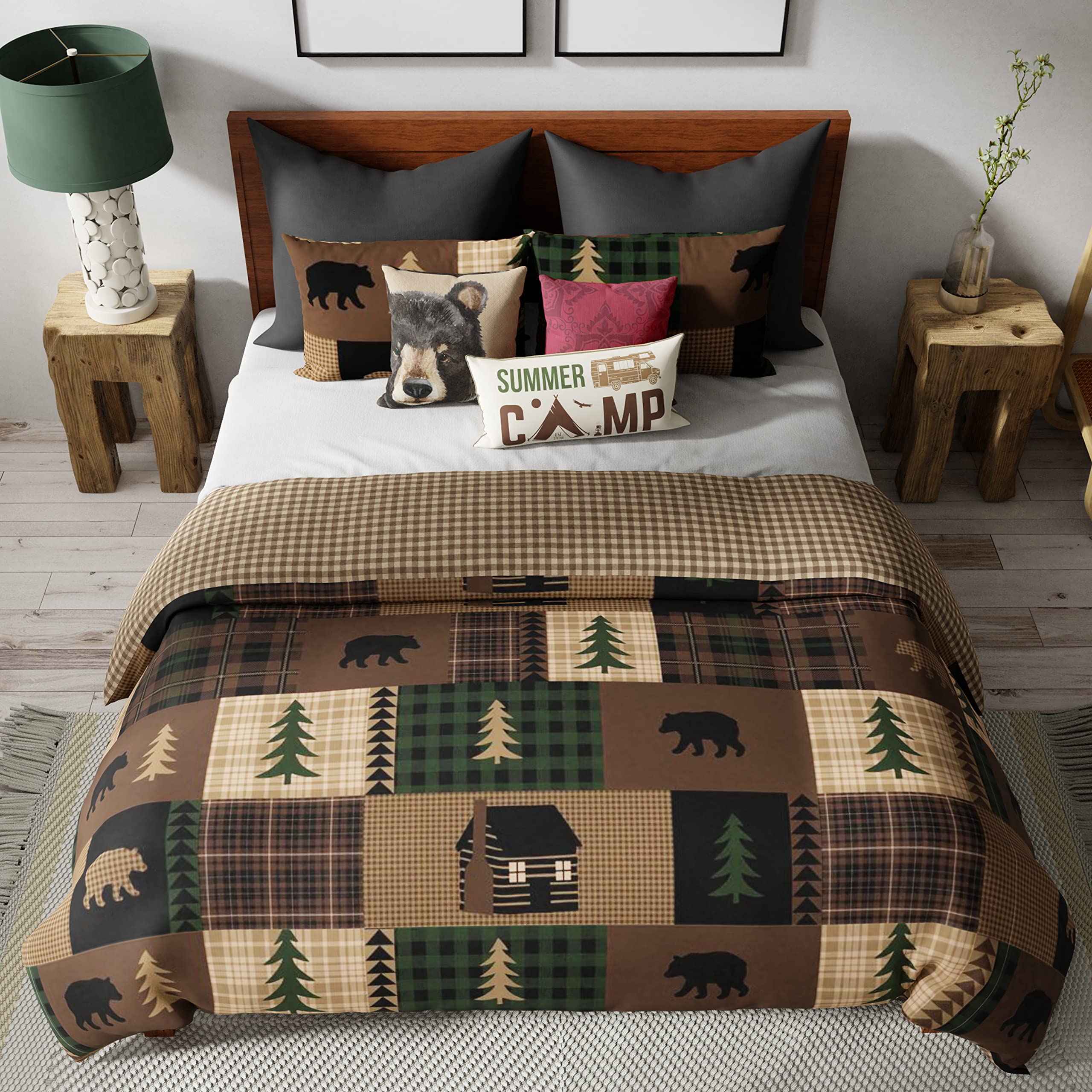 Brown Bear Lodge King Bedding Set - 3pc Quilt & Shams for Cabin Decor