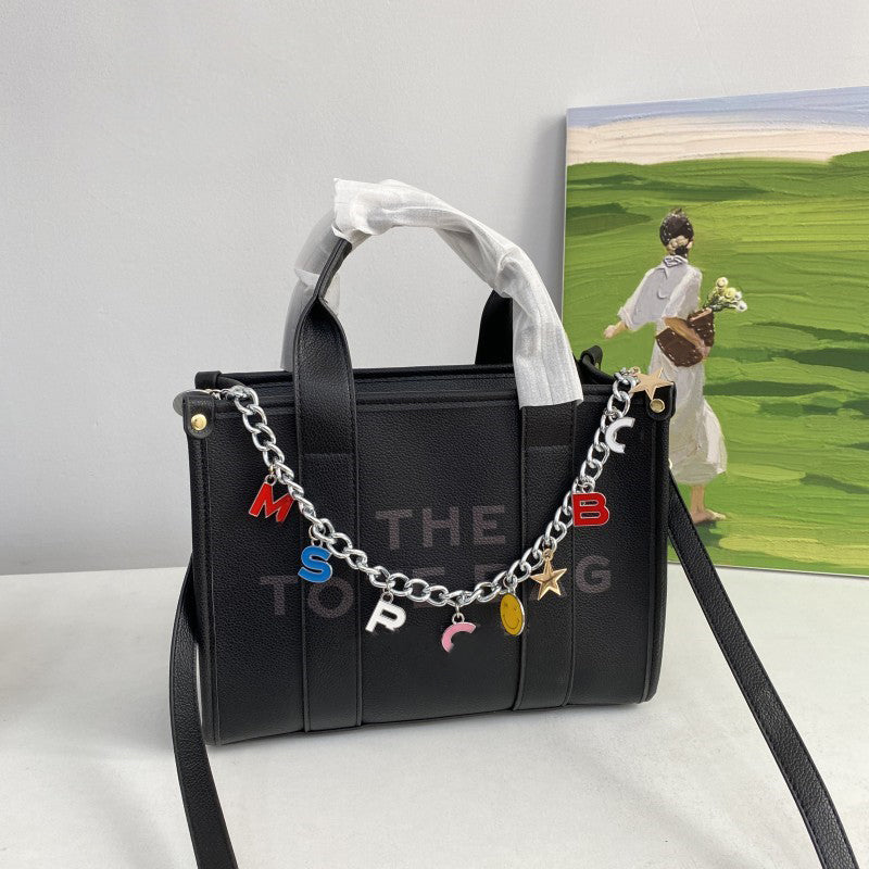 Stylish Letter Chain Tote Bag for Women - Trendy Canvas Shoulder Bag with Metal Chain Strap - Perfect for Shopping, Beach, Work & Daily Use