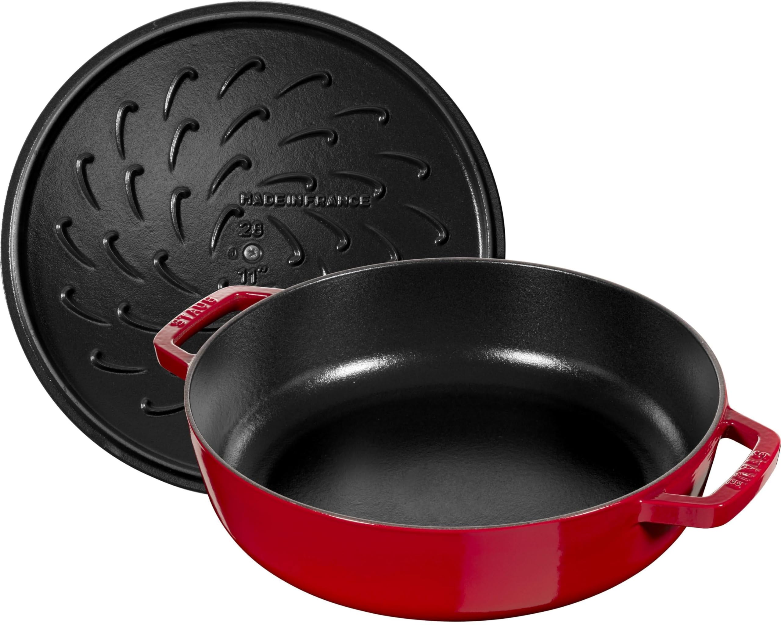 STAUB 3.7L Cherry Red Cast Iron Sauté Pan with Chistera Lid - 28cm Round French Oven for Braising, Roasting & Searing - Perfect for Stovetop to Oven Cooking & Professional Chefs