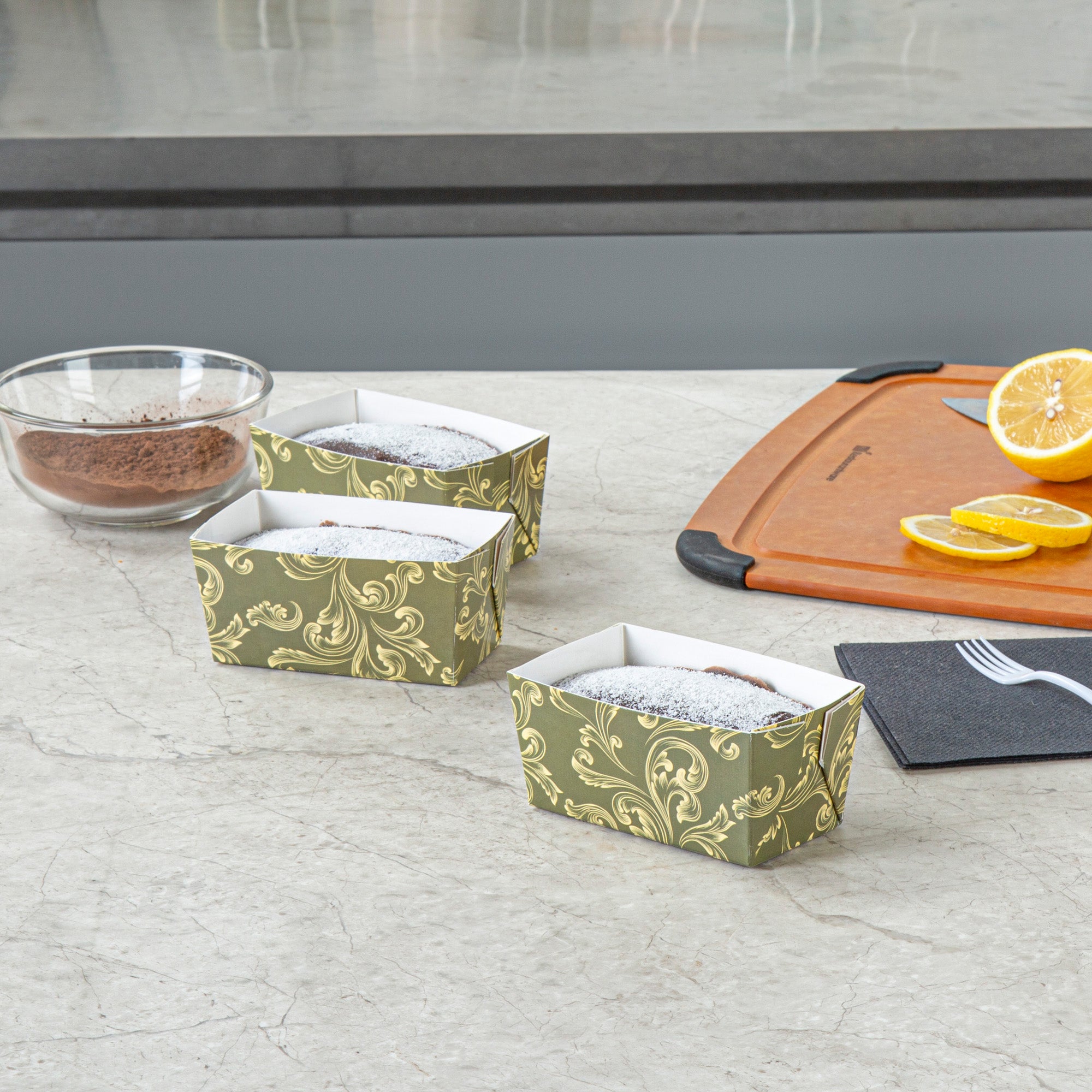 Bake Tek 9 oz Dark Green Vintage Floral Paper Mini Loaf Pans - Greaseproof Baking Cups (4