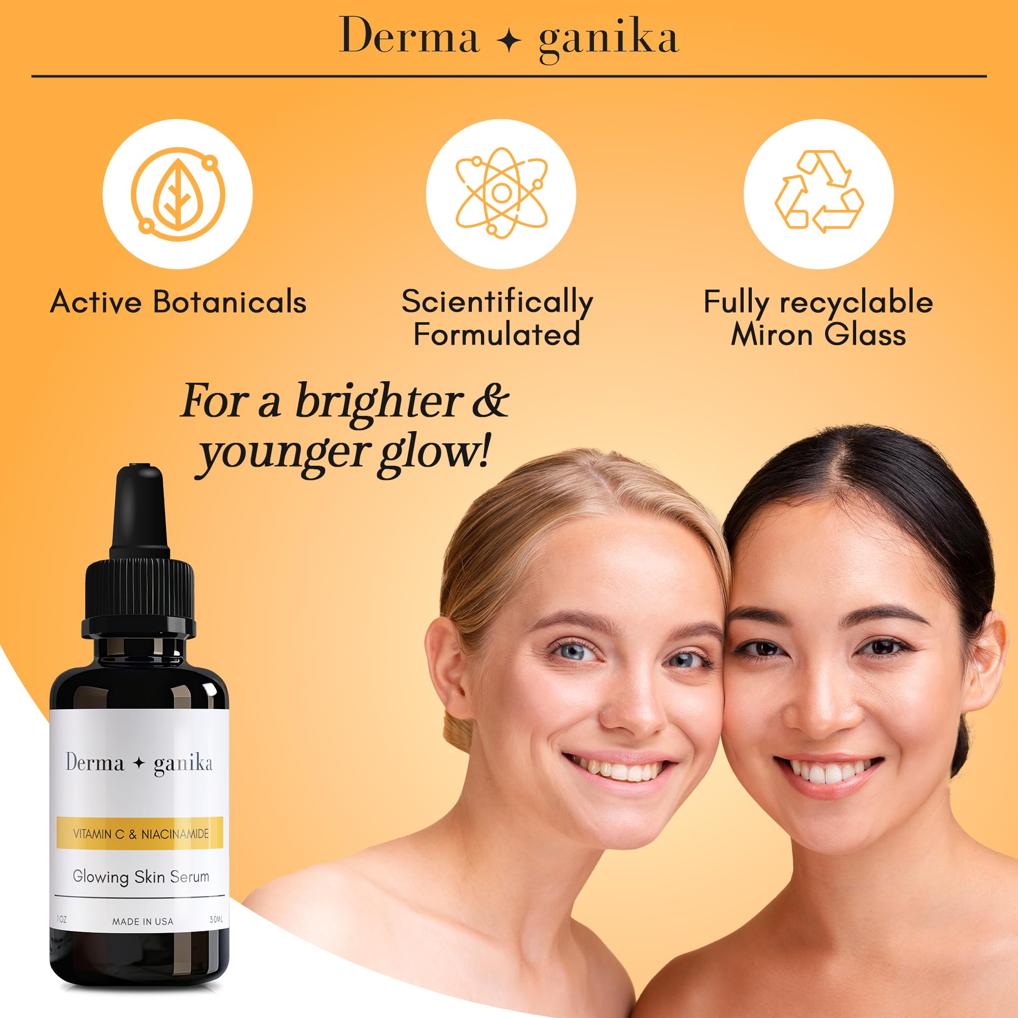 Derma Ganika Vitamin C & Niacinamide Serum for Face - USA Made Brightening & Anti-Aging Serum | Boosts Collagen, Evens Skin Tone, Reduces Dark Spots & Hyperpigmentation | Perfect for Daily Skincare Routine & Nighttime Use