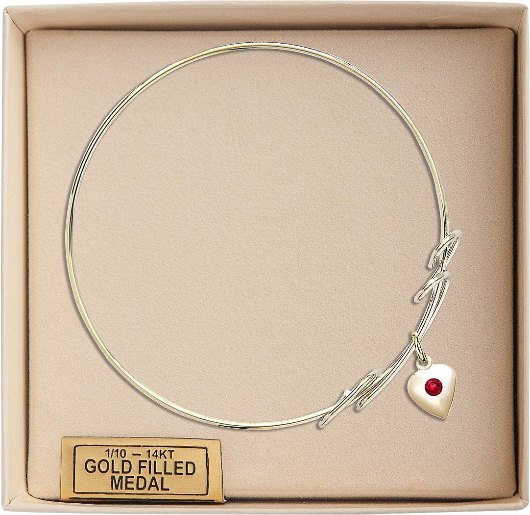 8 Inch Round Double Loop Bangle Bracelet with Heart Medal Charm & July Red Crystal - Perfect for Anniversary Gifts, Date Nights, and Special Occasions