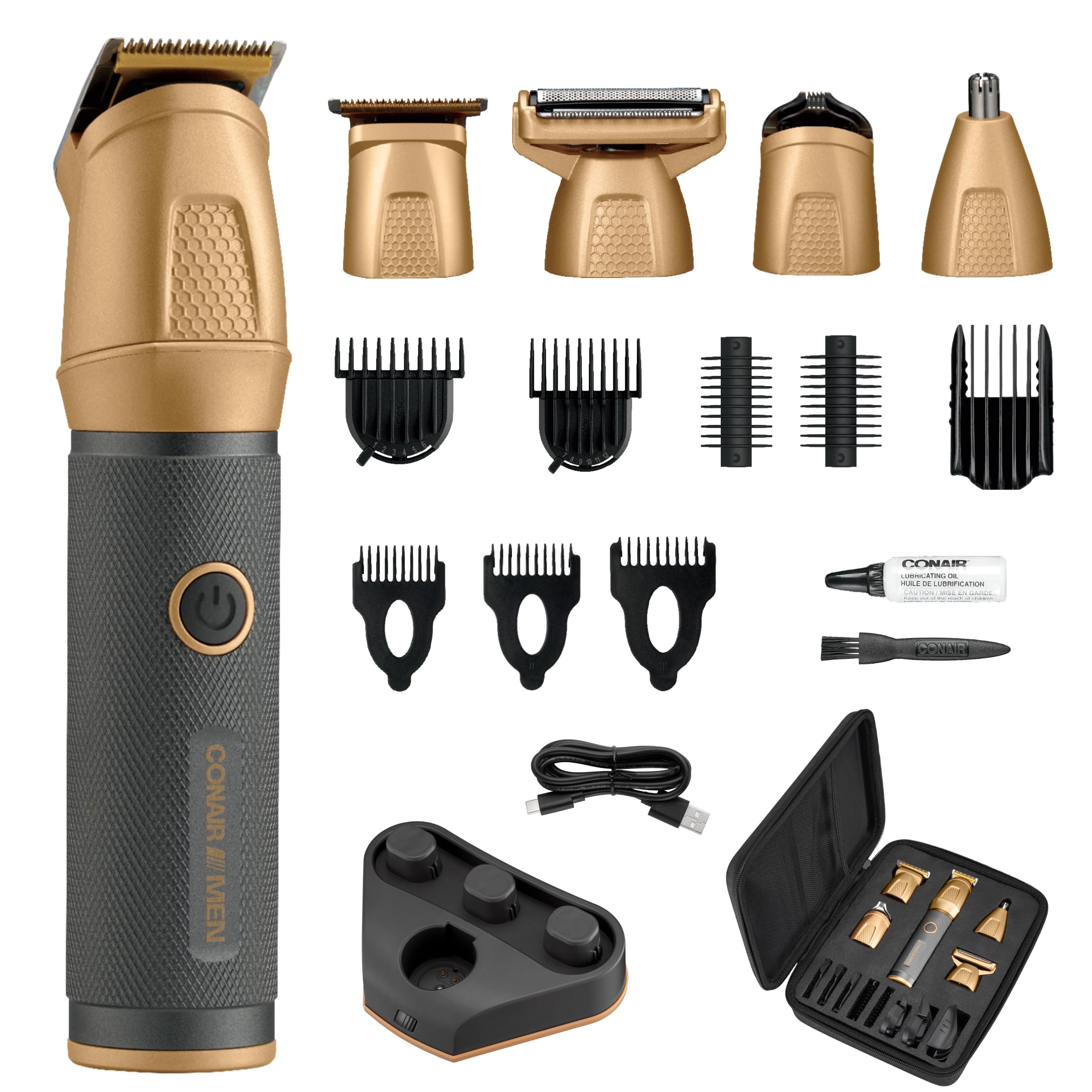 Conair Men's All-in-One Grooming Kit - Rechargeable Nose, Beard, Mustache & Body Hair Trimmer - 19 Piece Manscaping Set with Showerproof Design - Perfect for Travel, Home & Gym Use