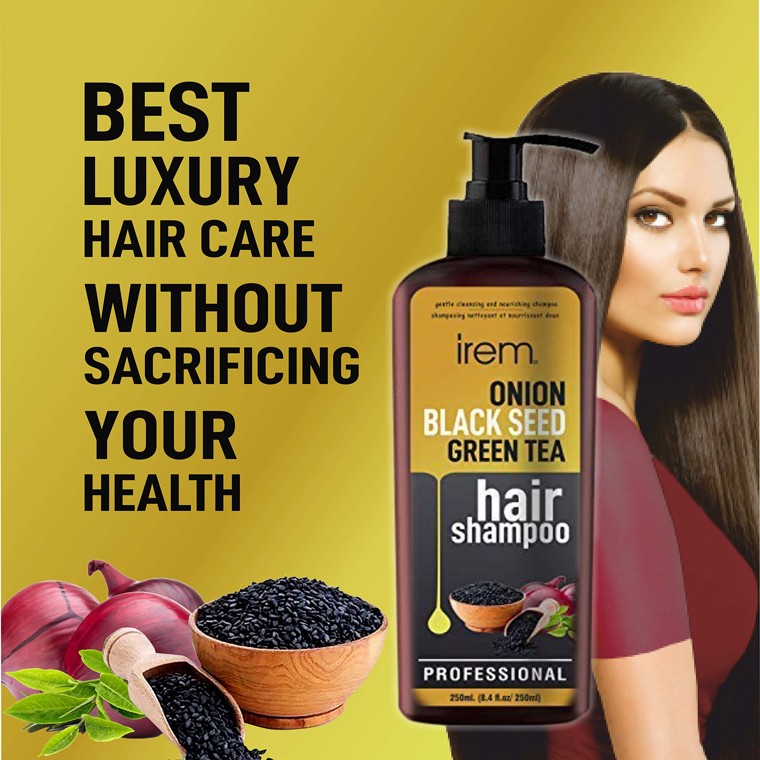 Irem Onion Black Seed & Green Tea Shampoo for Hair Growth & Hair Loss Prevention - 250ml - Revitalizes & Strengthens Hair for Men & Women - Perfect for Daily Use & Damaged Hair Care