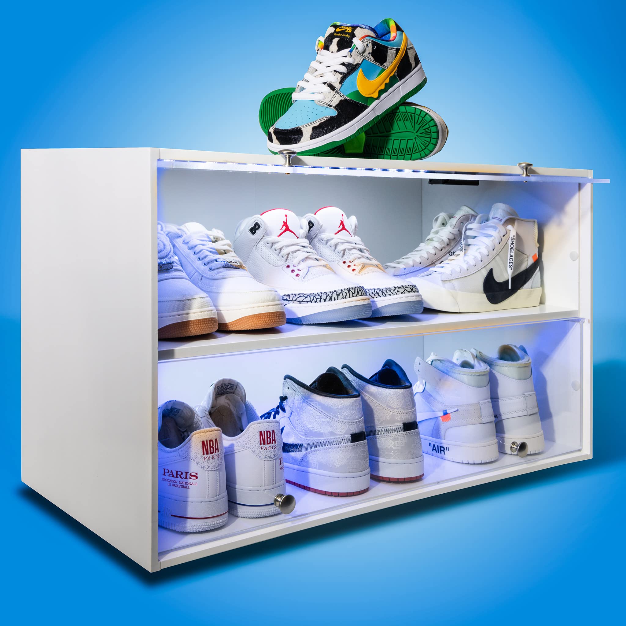 Premium White Wooden Shoe Rack with LED Lights - Holds 6 Pairs of Sneakers & Shoes - Sliding Door Storage Organizer for Closet, Bedroom, Garage & Outdoor Use - Modern Shoe Shelf for Home Organization & Display