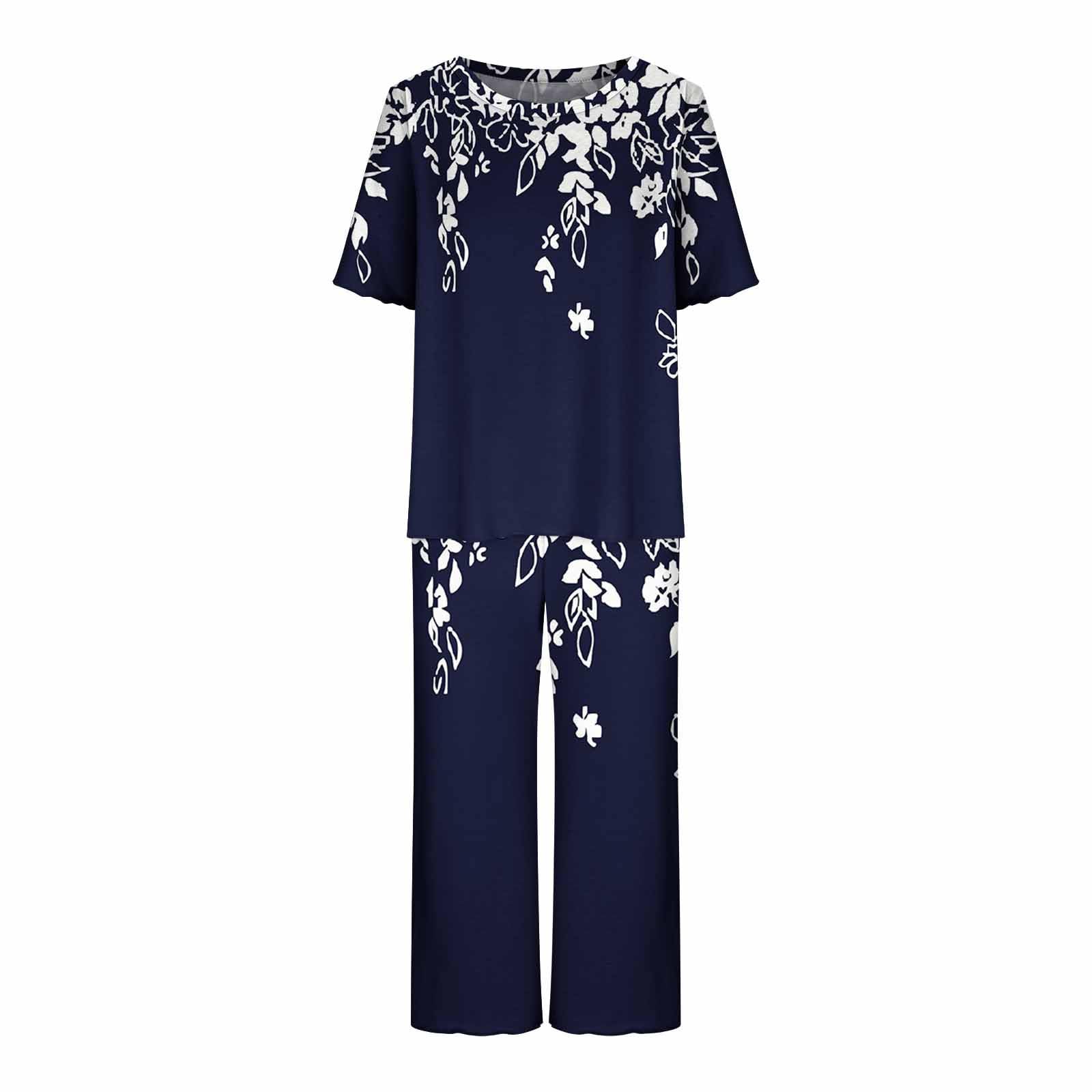 Women's Summer Pajama Sets - Soft Lightweight Short Sleeve Crewneck Top & Loose Lounge Pants - Comfy Sleepwear for Nighttime, Lounging & Vacation - Perfect for Bedtime, Relaxing at Home or Travel