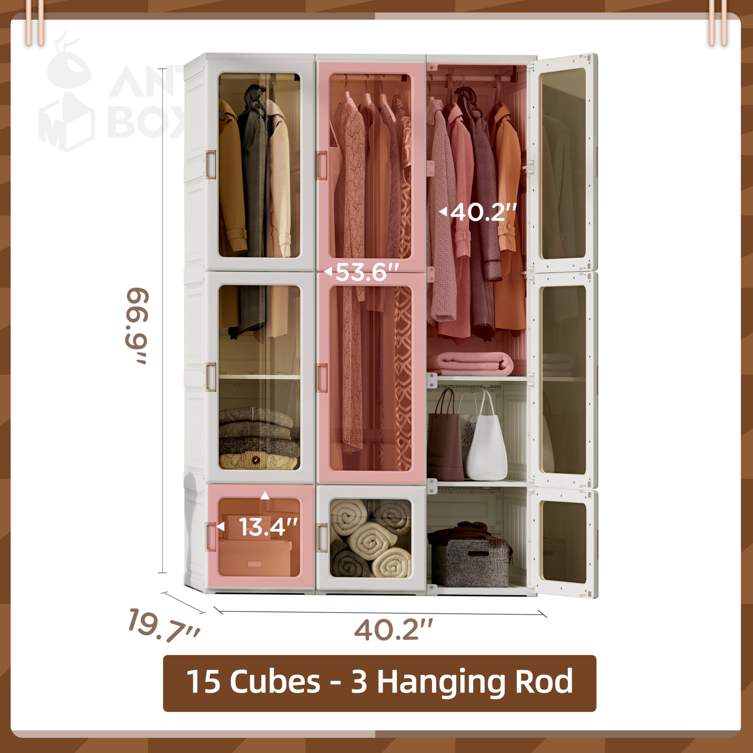 Portable Wardrobe Closet Organizer with Transparent Door Panels & Magnetic Closure - Easy Assembly Plastic Clothes Storage for Bedroom, Living Room, Dorm | Perfect for Seasonal Clothes Storage, Guest Room Organization & Small Space Solution (3 Hanging Rods)