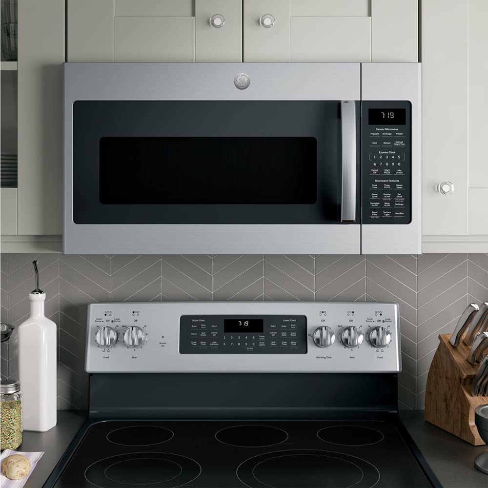 GE JVM7195SKSS 1.9 Cu. Ft. Over-the-Range Sensor Microwave Oven in Stainless Steel with 2-Year CPS Protection Plan - Perfect for Modern Kitchens & Small Spaces