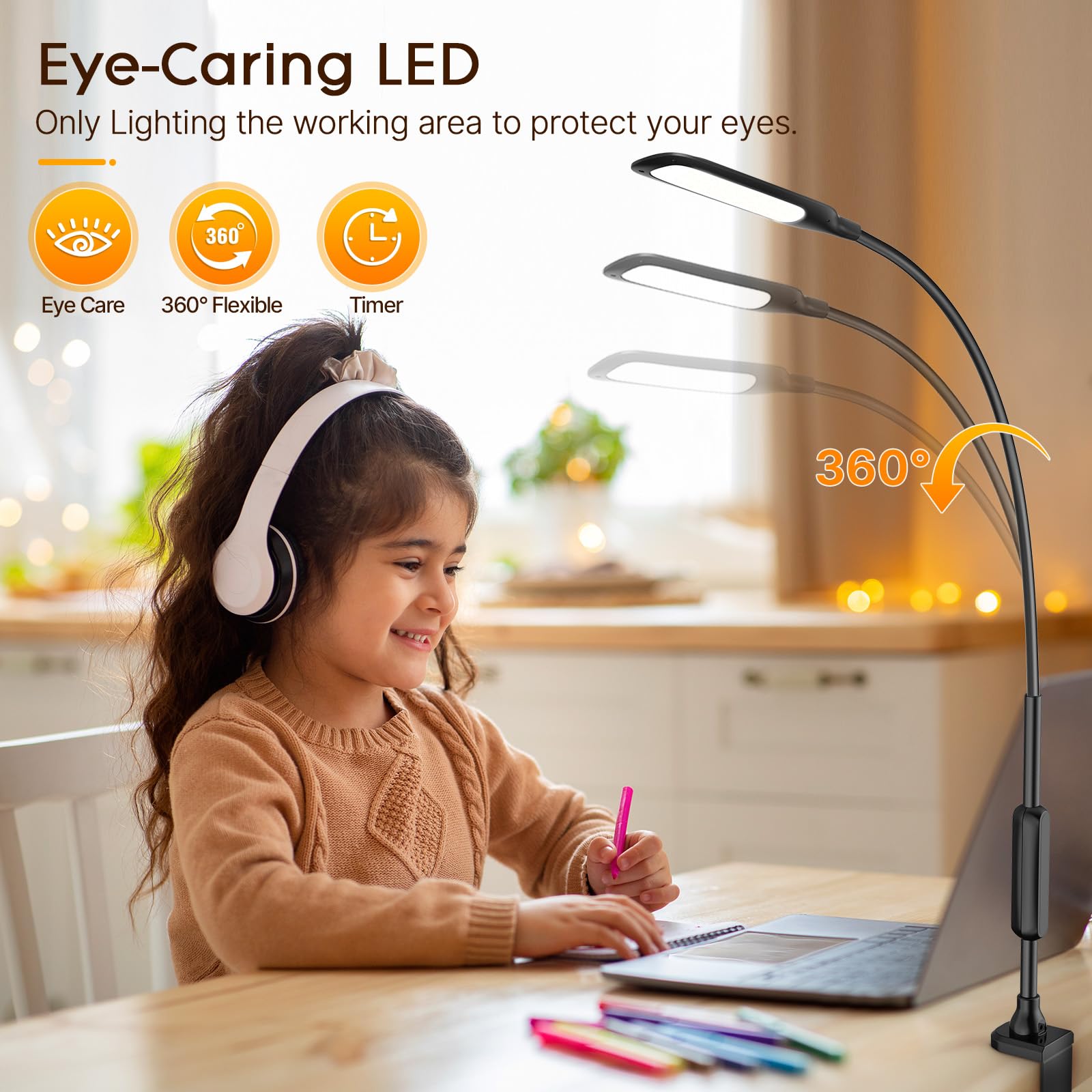 Syrinx LED Desk Lamp with Clamp - Eye-Caring Adjustable Gooseneck Light with Remote Control, 5 Color Modes & 12W Brightness for Home Office, Study, Drafting, Nail Art - Perfect for Night Reading, Computer Work and Craft Projects