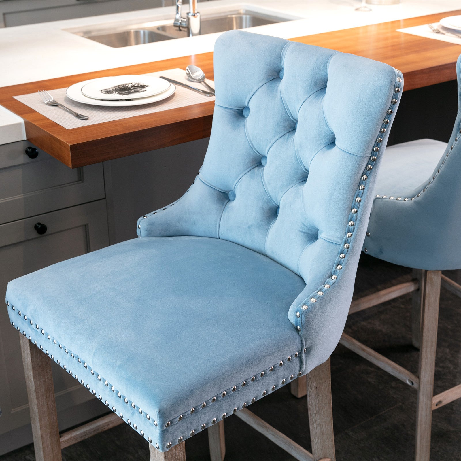 Modern Velvet Bar Stools with Button Tufted Back & Wooden Legs - Set of 2 Light Blue Bar Chairs with Chrome Nailhead Trim for Kitchen Island, Breakfast Bar & Home Decor (SW2002LB)