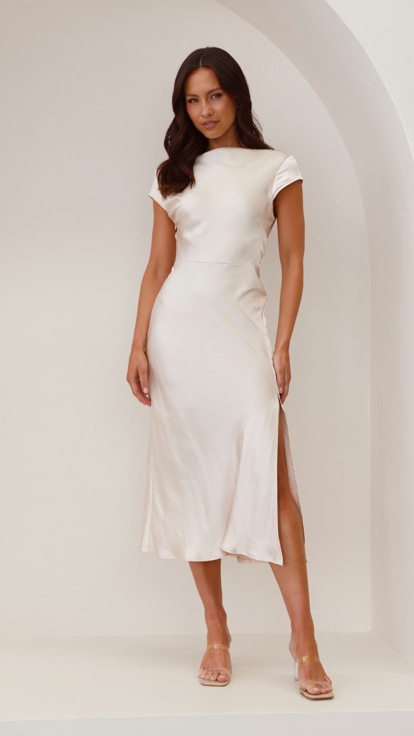 Elegant Ivana Midi Dress in Champagne - Perfect for Cocktail Parties, Weddings & Formal Events