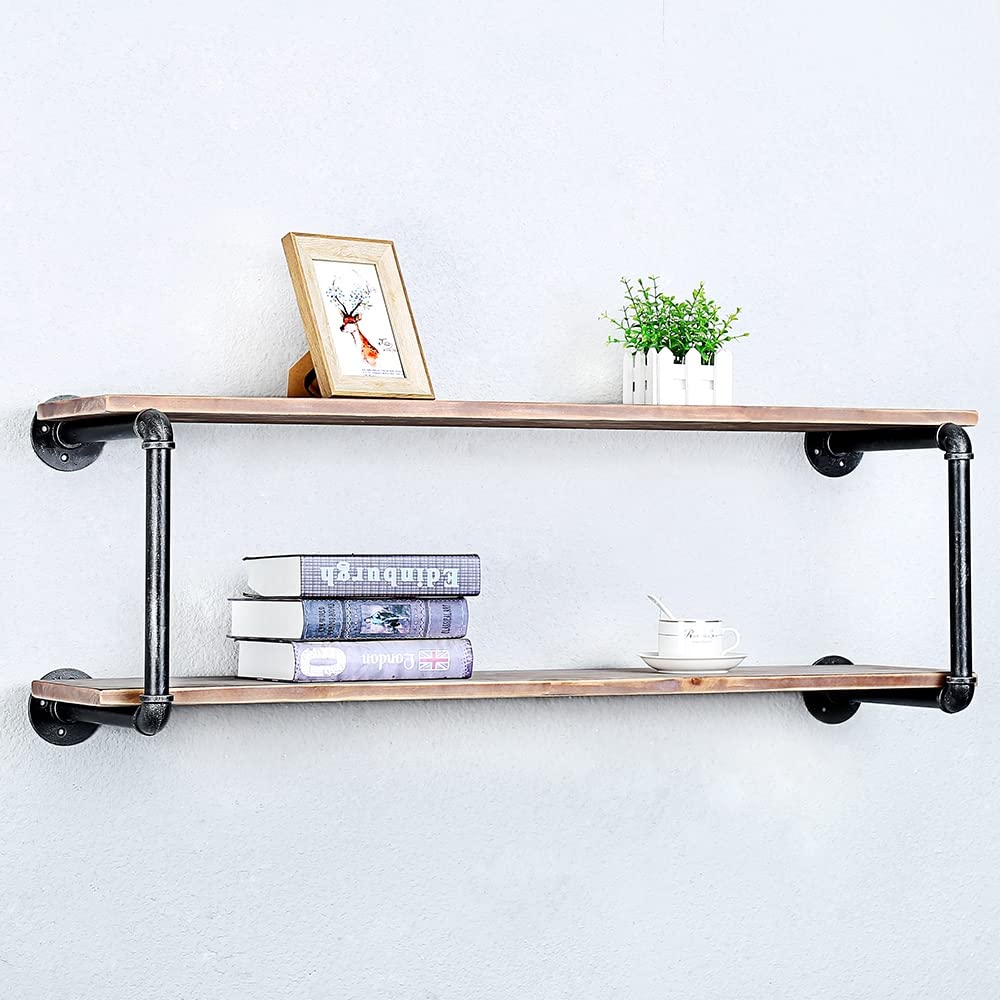 Industrial Pipe Floating Shelves for Wall - 42 Inch Rustic Wood and Metal Wall Mounted Shelving, 2 Tier Hanging Book Shelf - Perfect for Living Room, Bedroom, Office Storage and Display