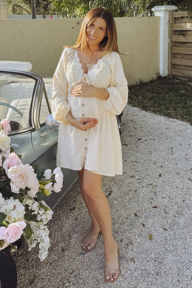 Beige Crochet Lace Button Front Maternity Dress for Pregnancy Photos, Baby Shower & Special Occasions - Comfortable Nursing Dress for Expecting Mothers