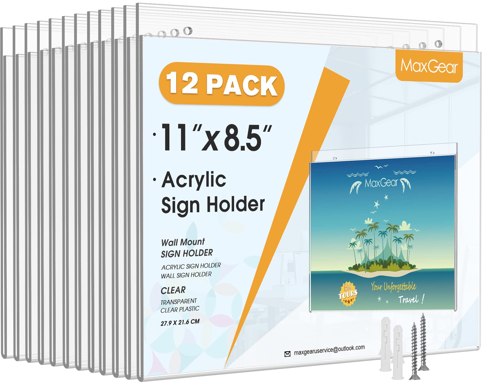 MaxGear 8.5x11 Acrylic Wall Sign Holder with Mounting Screws - Clear Plastic Picture Frame for Home Office Store Restaurant - Perfect for Menu Boards, Price Displays & Promotional Signs