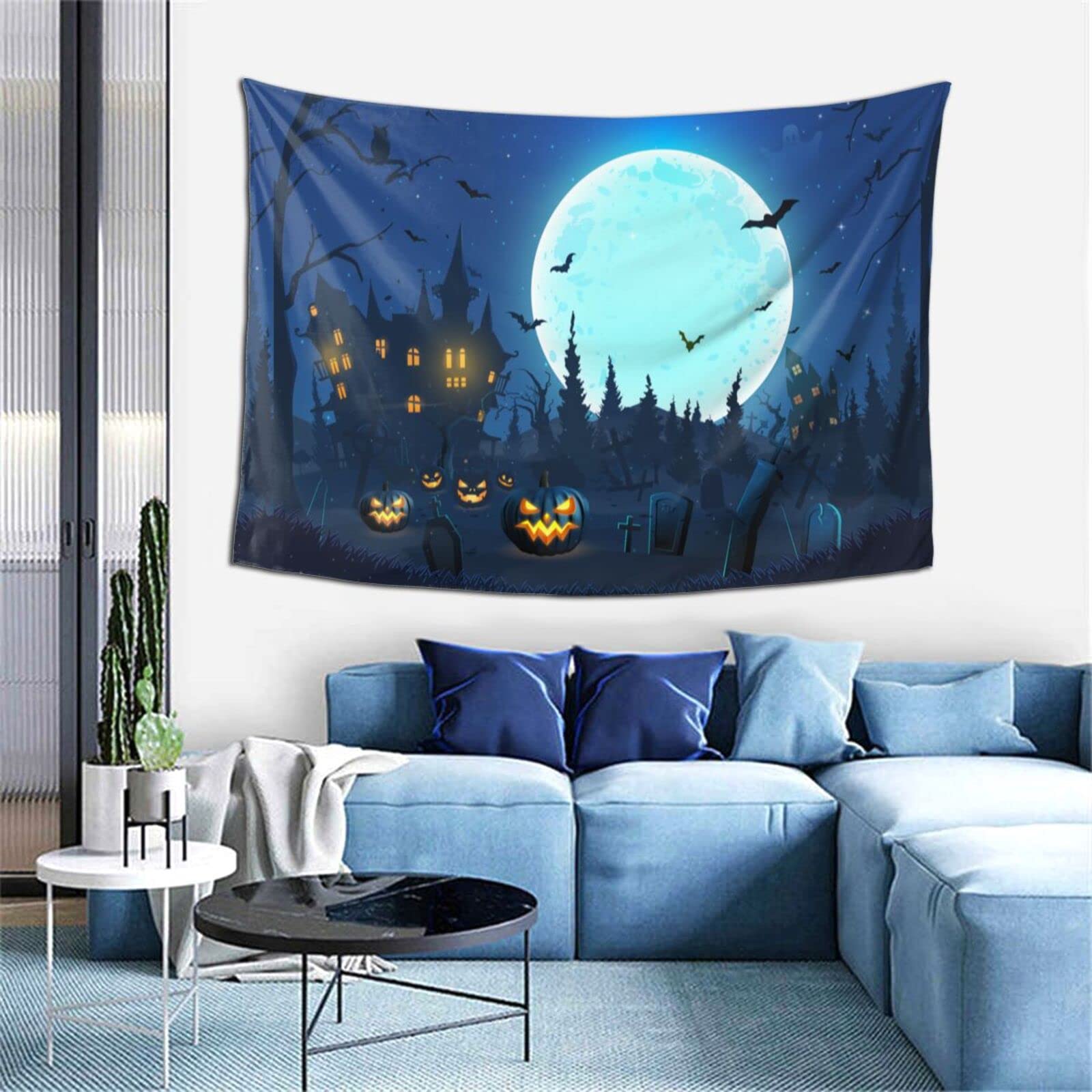 Vthxloi Halloween Tapestry - Spooky Moon & Pumpkin Wall Hanging for Home Decor (60x40 Inches) | Hippie Aesthetic Dorm Room Tapestry for Bedroom, Living Room & Party Decorations